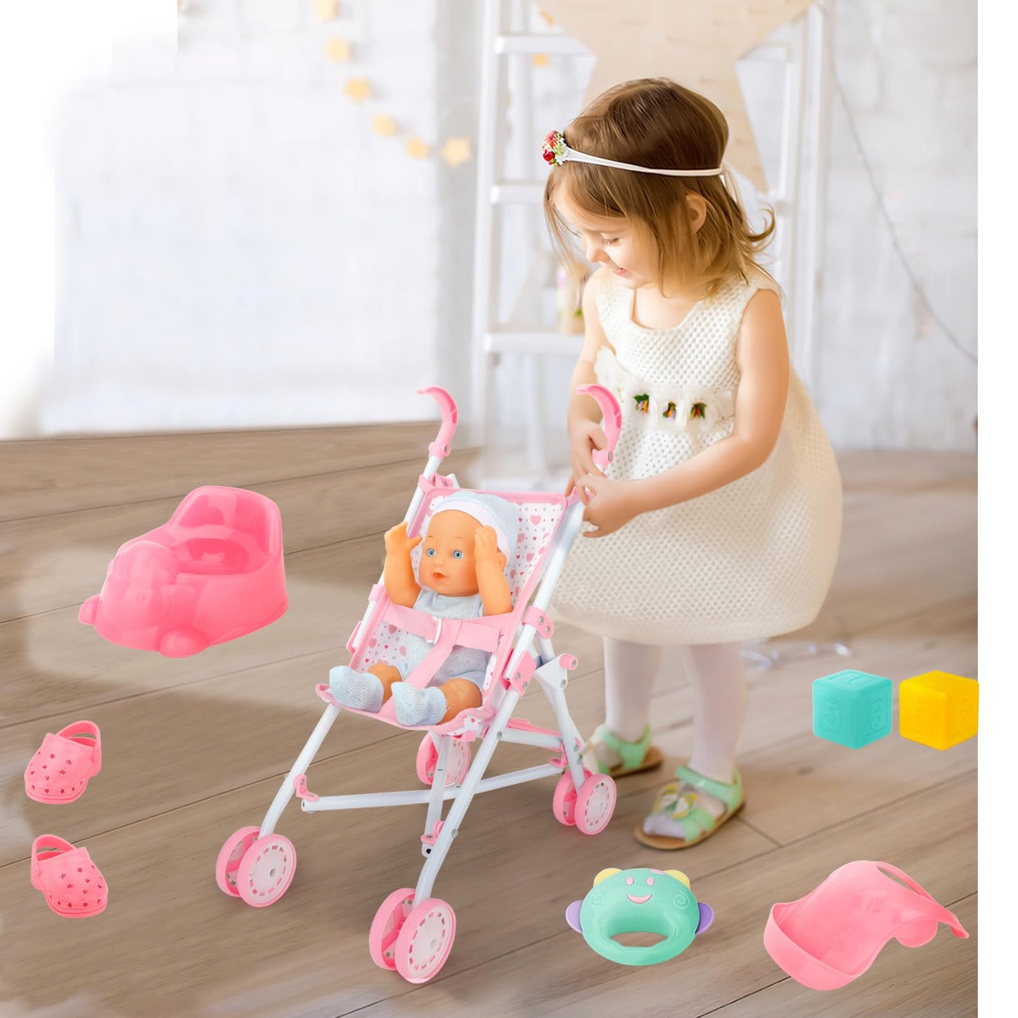 deAO Baby Doll Stroller Set with 13-Inch Doll, Foldable Stroller, 18 Accessories & 2 Doll Clothes