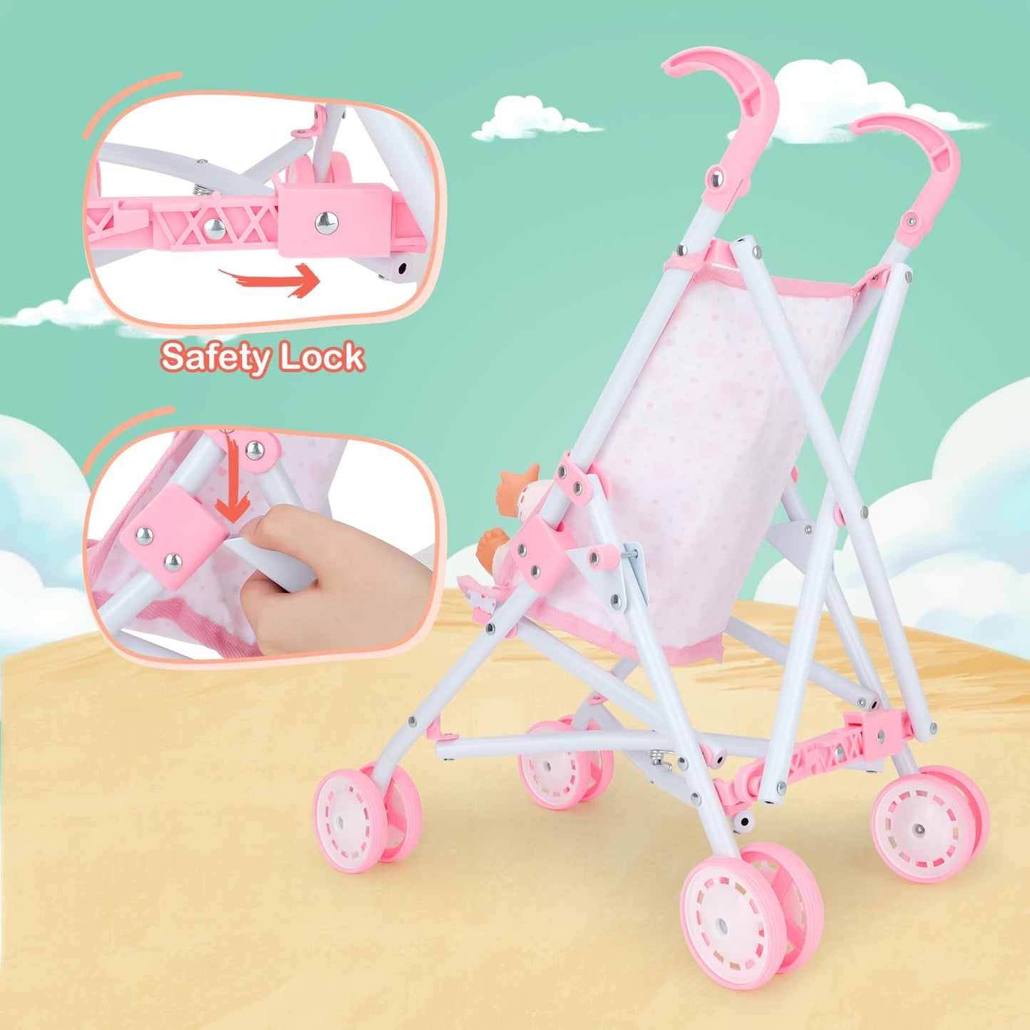 deAO Baby Doll Stroller Set with 13-Inch Doll, Foldable Stroller, 18 Accessories & 2 Doll Clothes