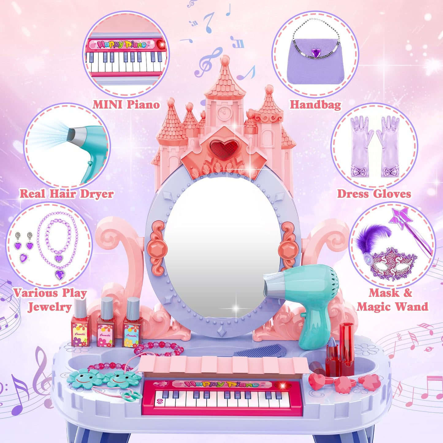 DeAO Toddler Vanity Table with Mirror and Piano – Blue Gift for Girls 3+