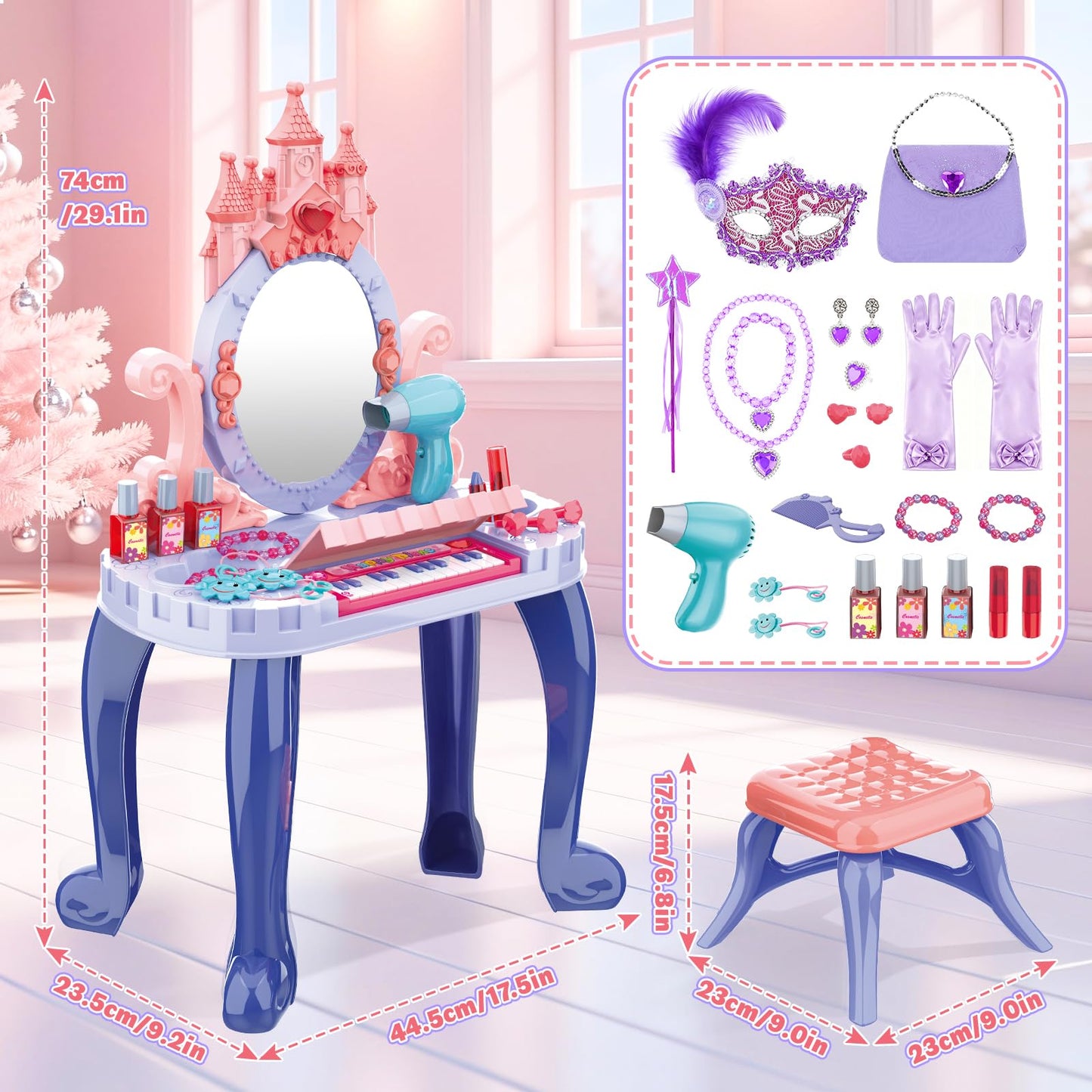 DeAO Toddler Vanity Table with Mirror and Piano – Blue Gift for Girls 3+