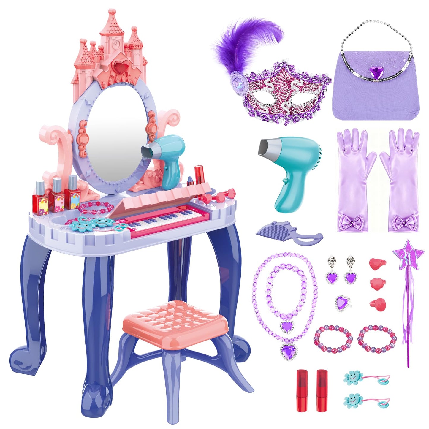 DeAO Toddler Vanity Table with Mirror and Piano – Blue Gift for Girls 3+