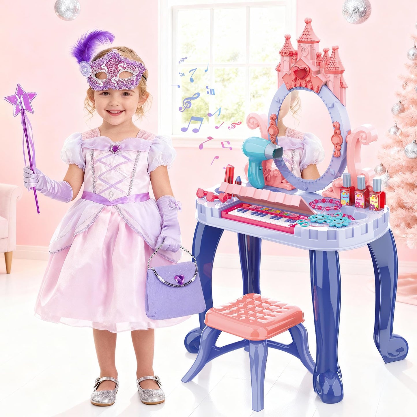 DeAO Toddler Vanity Table with Mirror and Piano – Blue Gift for Girls 3+