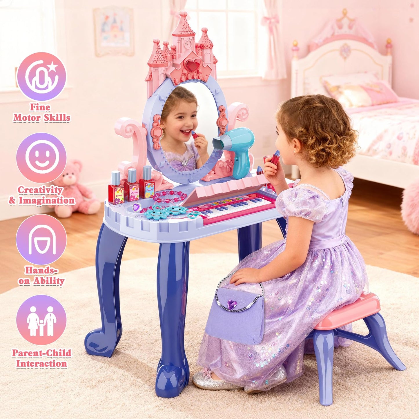 DeAO Toddler Vanity Table with Mirror and Piano – Blue Gift for Girls 3+