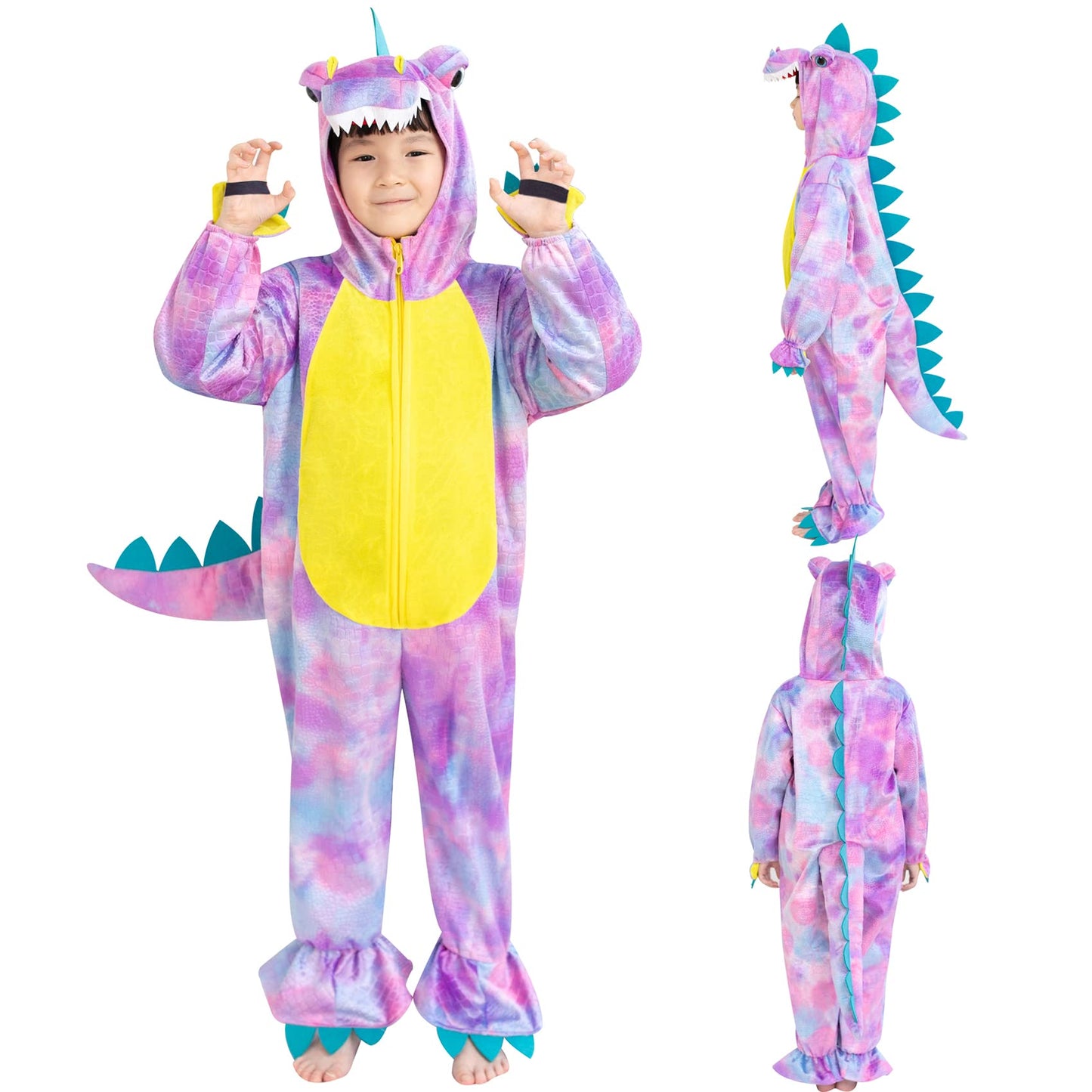 DearSun Child's T-Rex Dinosaur Costume – Hooded Jumpsuit, Front-Zip, Purple (XS/90)