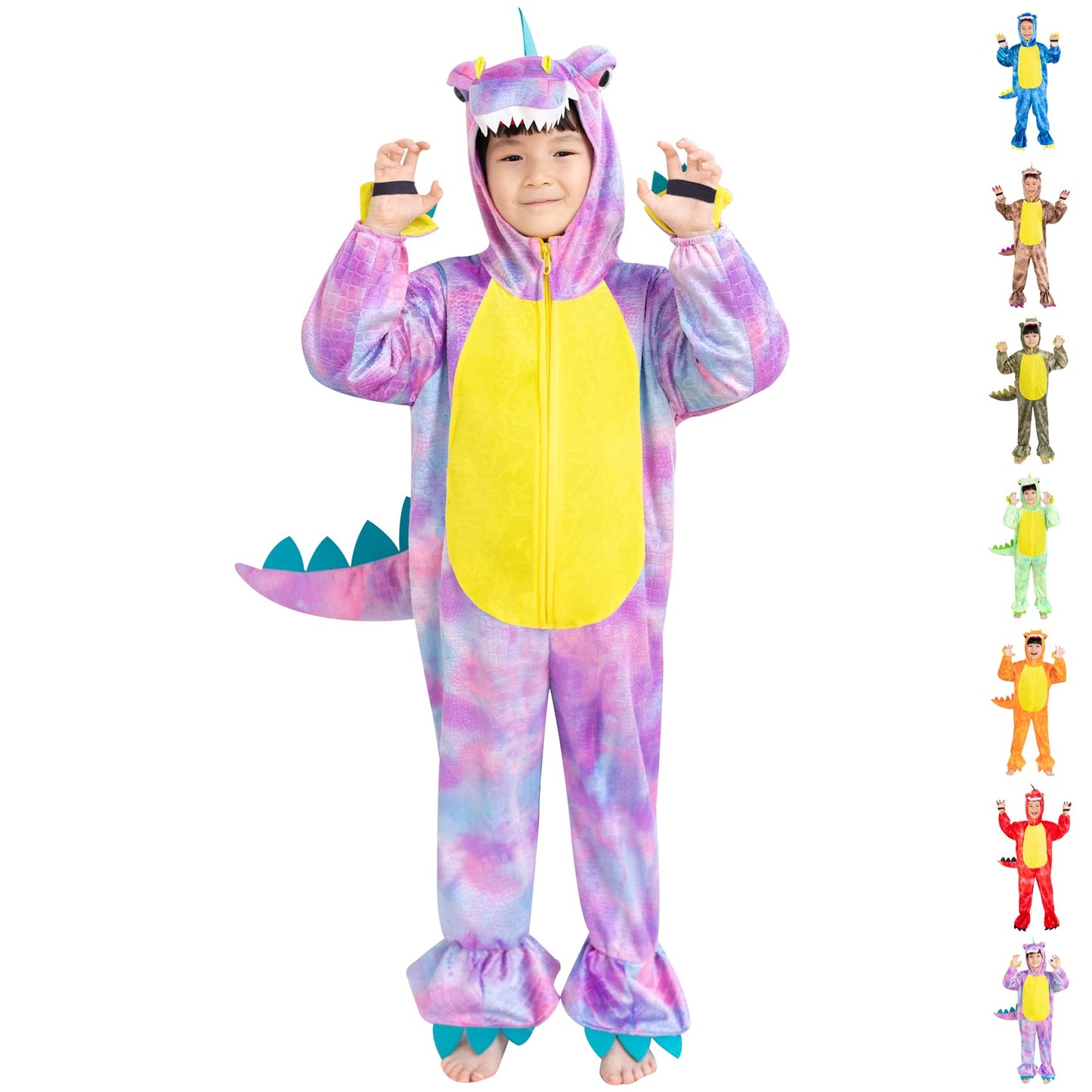 DearSun Child's T-Rex Dinosaur Costume – Hooded Jumpsuit, Front-Zip, Purple (XS/90)