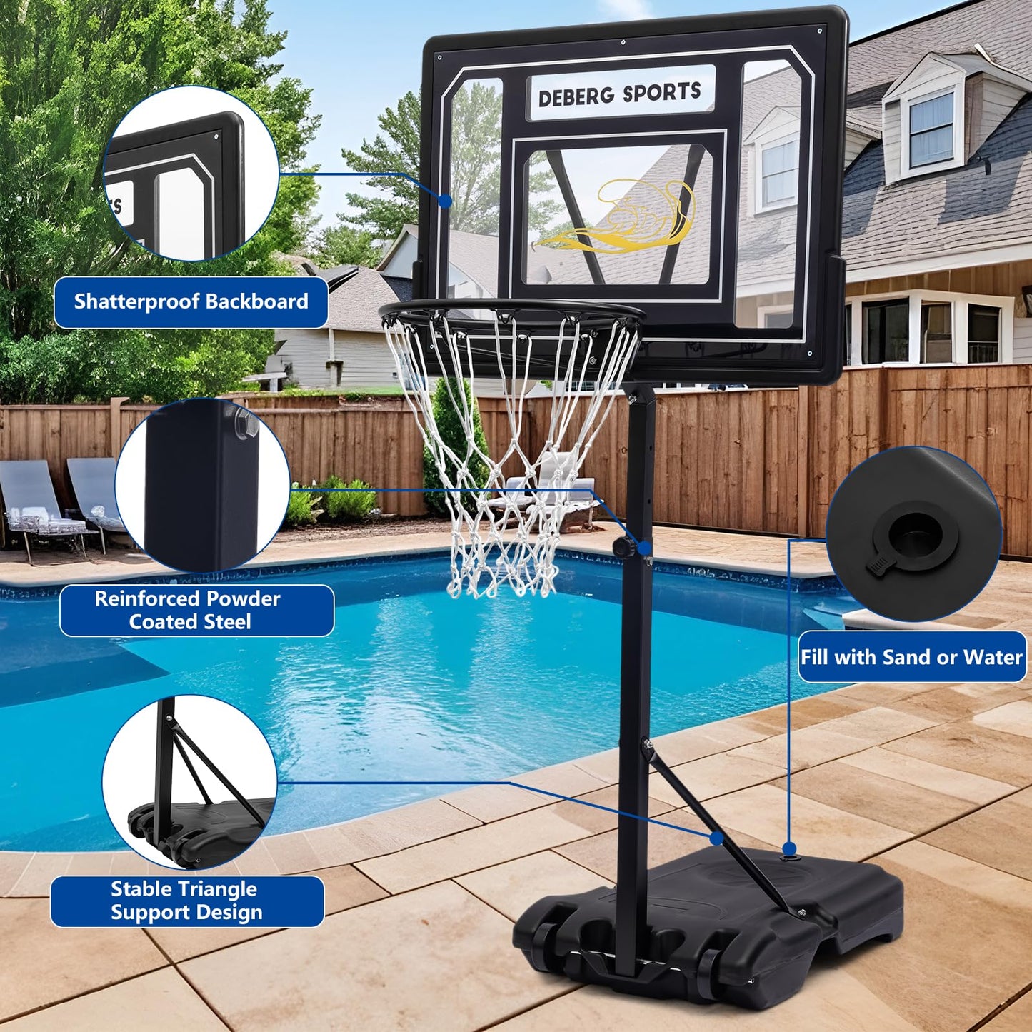 DEBERG Pool Basketball Hoop Set – Adjustable, Portable, Shatterproof Backboard