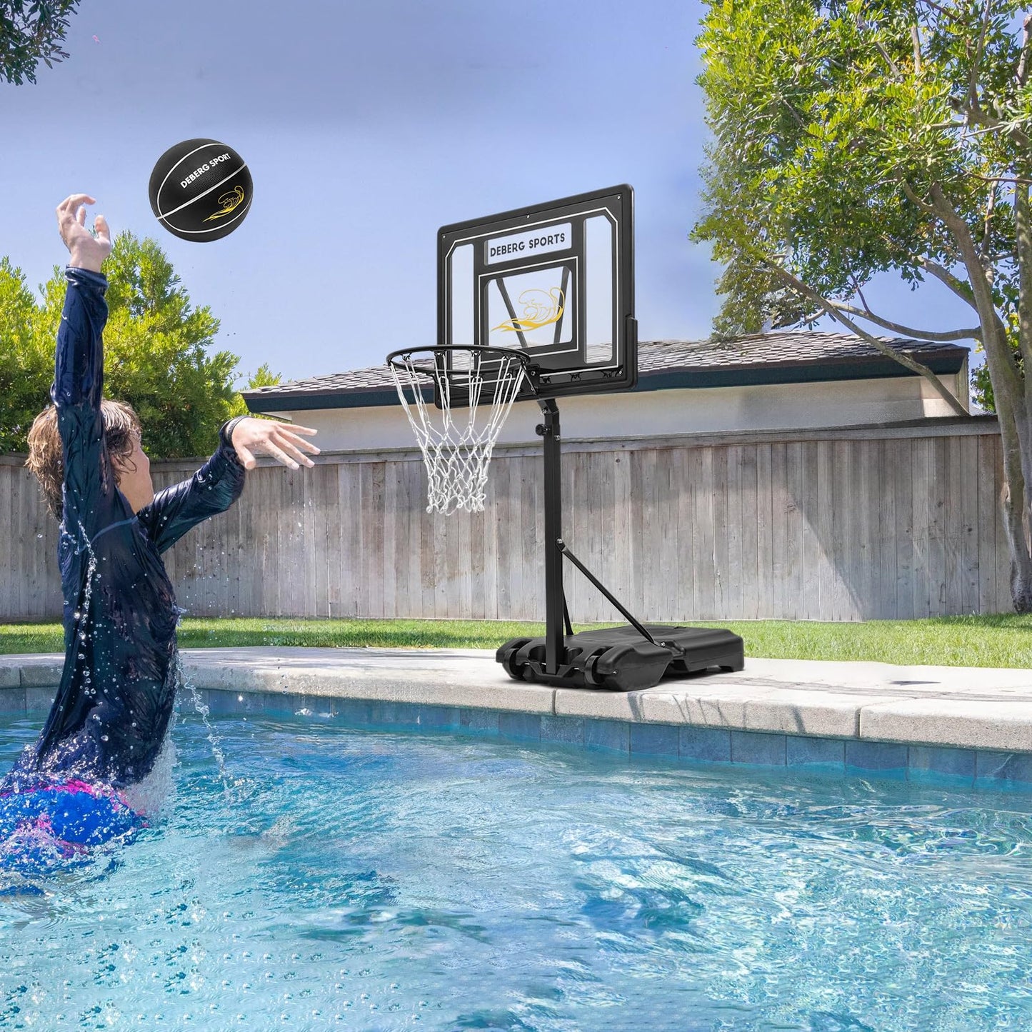 DEBERG Pool Basketball Hoop Set – Adjustable, Portable, Shatterproof Backboard