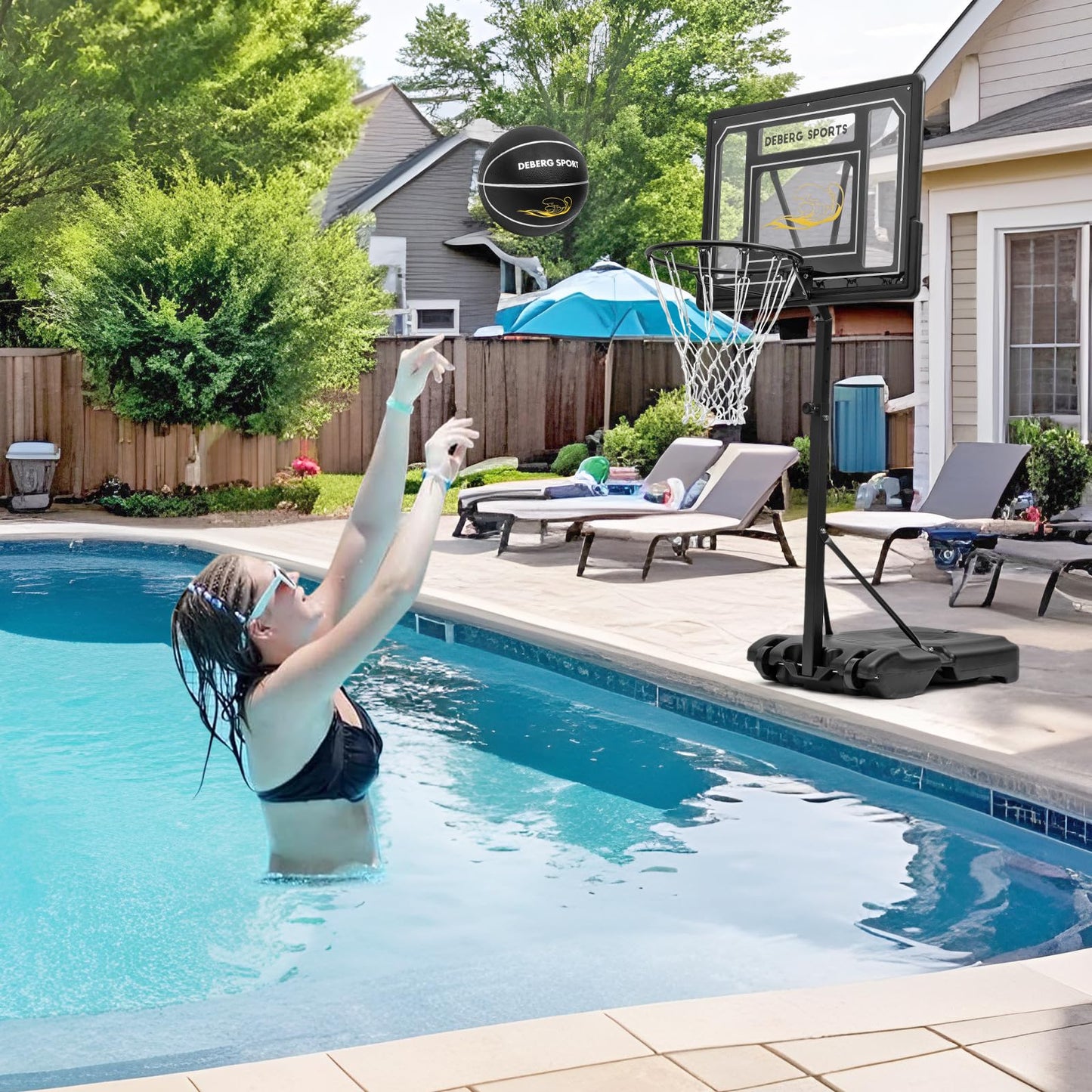 DEBERG Pool Basketball Hoop Set – Adjustable, Portable, Shatterproof Backboard