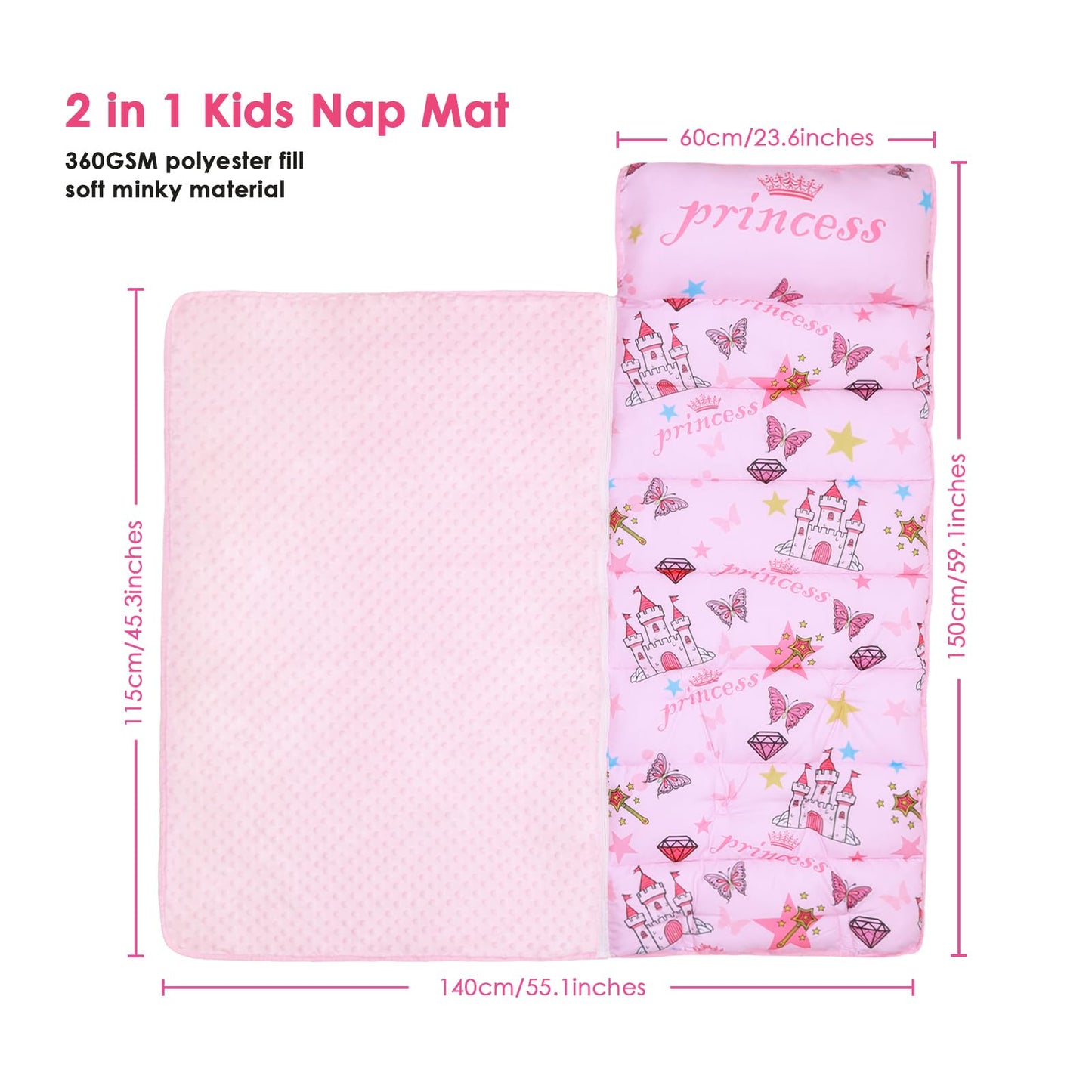 DecalSweet Kids Sleeping Bag Nap Mat – Extra Thick 59x24, 2-in-1 with Removable Pillow & Blanket