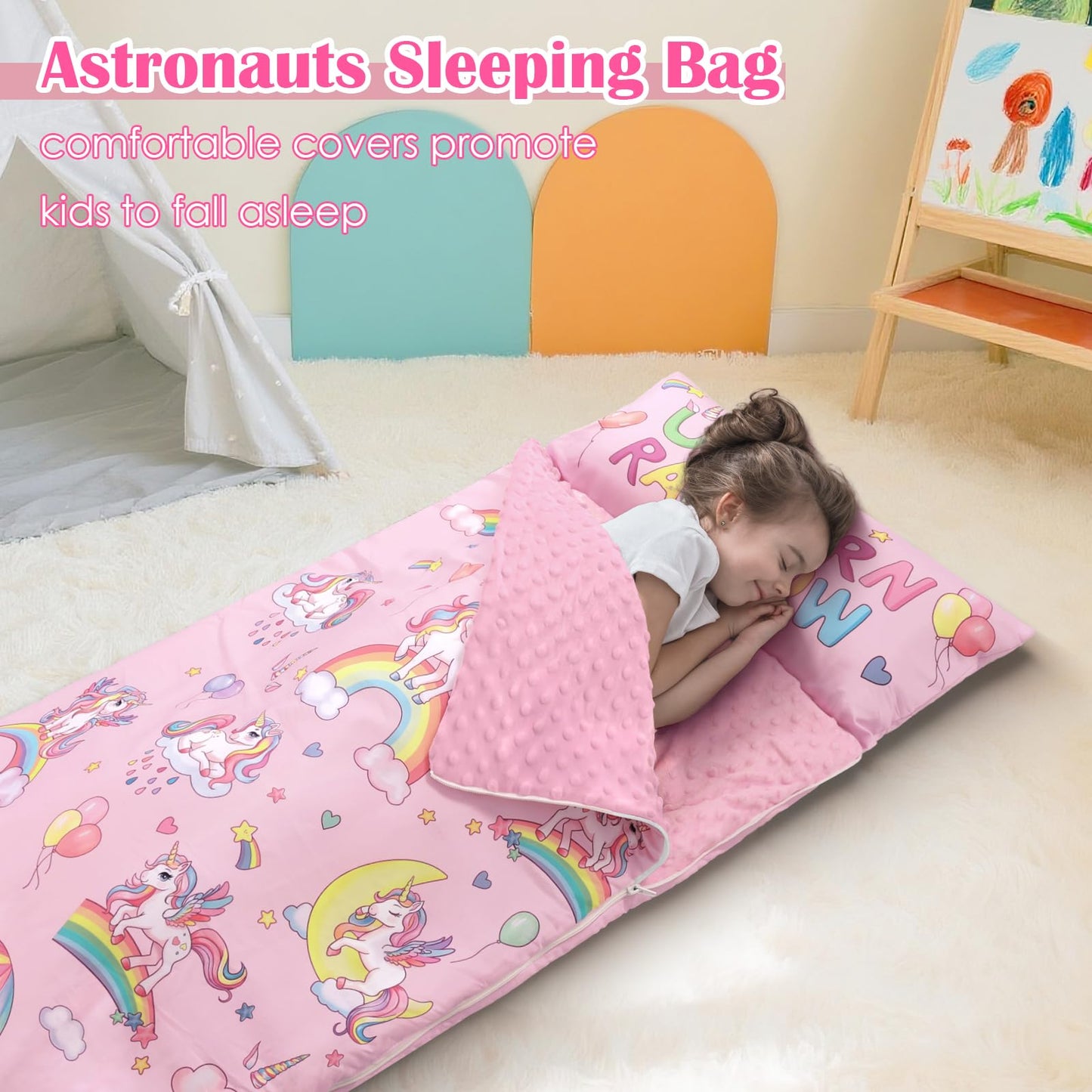 DecalSweet Kids Sleeping Bag Nap Mat with Removable Pillow – 59×24 in, Double Zip, Easy Clean