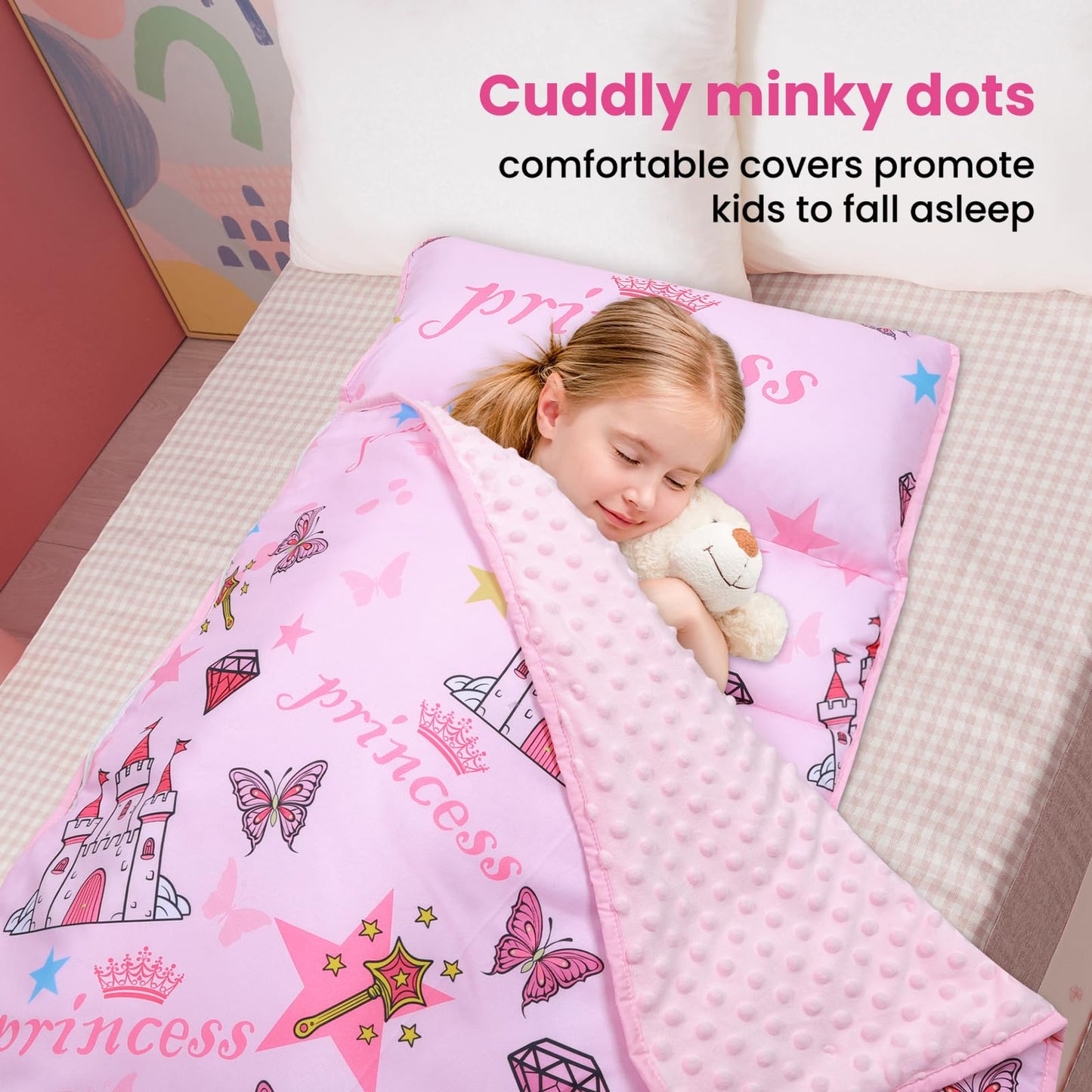 DecalSweet Kids Sleeping Bag Nap Mat – Extra Thick 59x24, 2-in-1 with Removable Pillow & Blanket