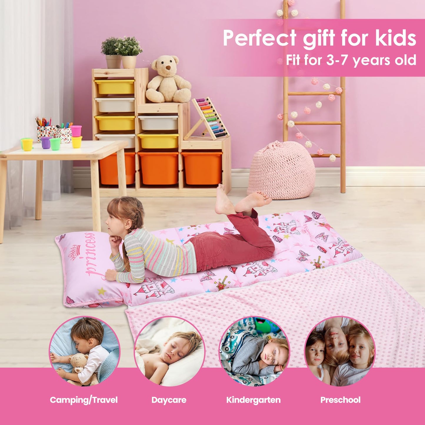 DecalSweet Kids Sleeping Bag Nap Mat – Extra Thick 59x24, 2-in-1 with Removable Pillow & Blanket