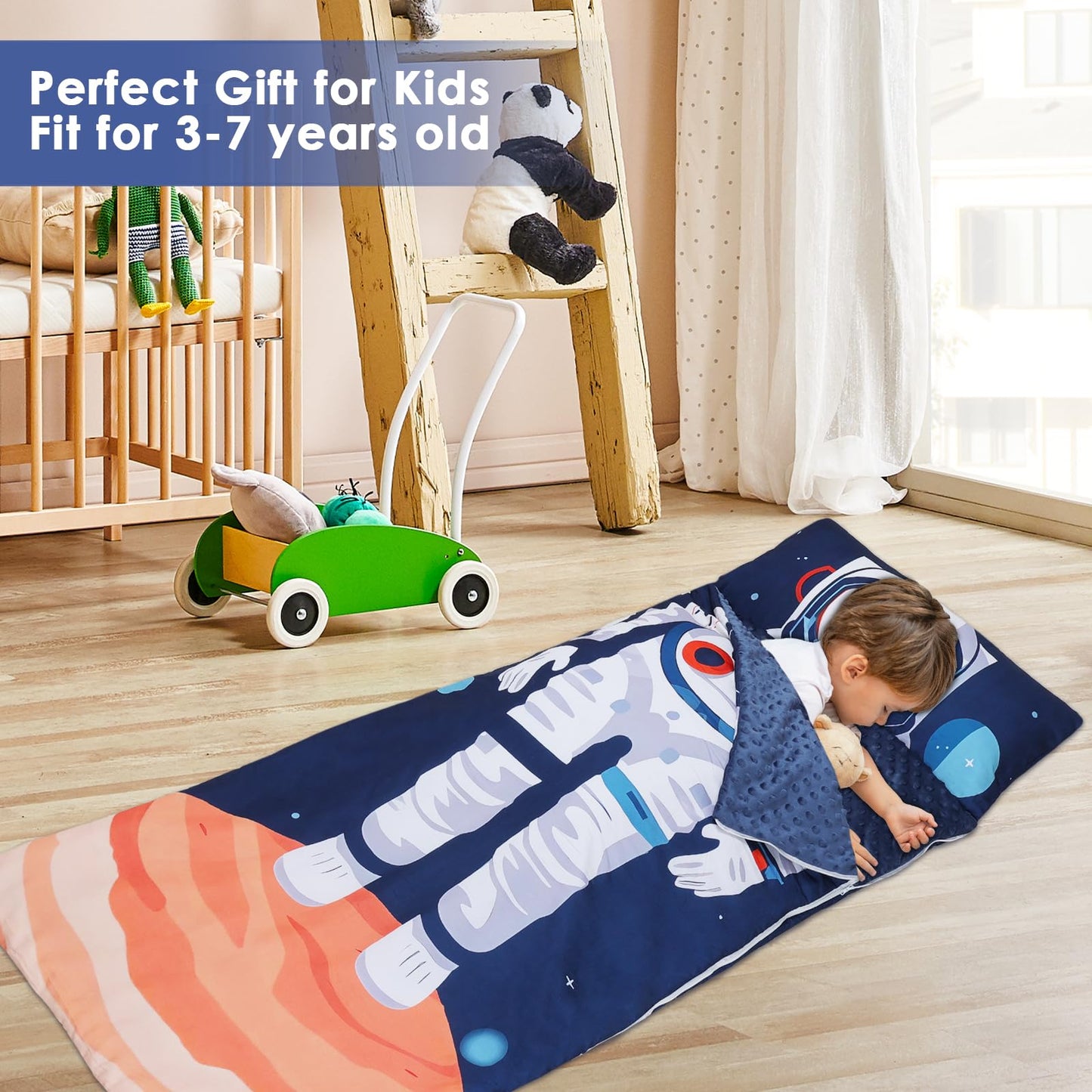 Decalsweet Kids Sleeping Bag Toddler Nap Mat with Removable Pillow – Astronauts, 59x23