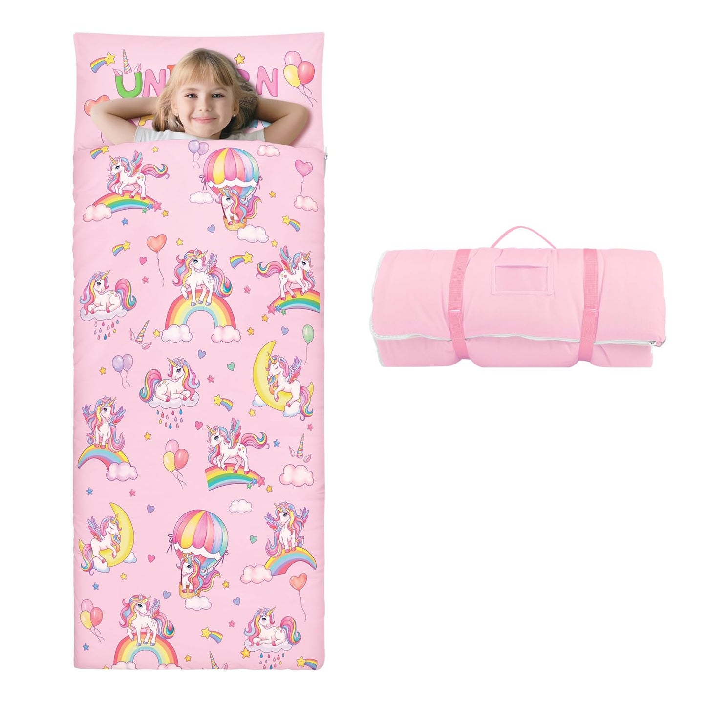 DecalSweet Kids Sleeping Bag Nap Mat with Removable Pillow – 59×24 in, Double Zip, Easy Clean