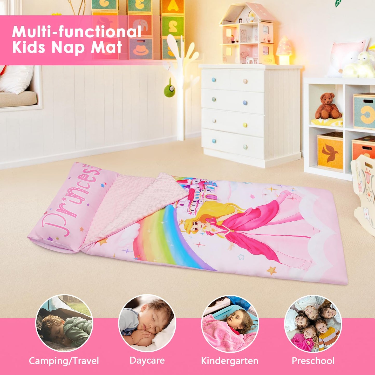 Decalsweet Kids Sleeping Bag Toddler Nap Mat with Removable Pillow – Large 59x24 Inch