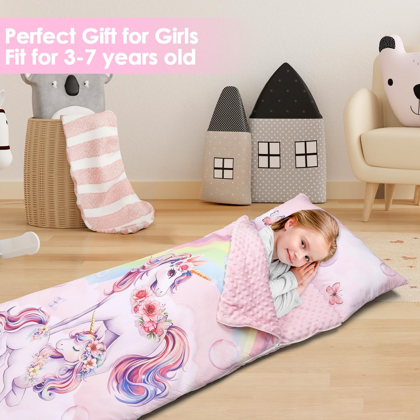 Decalsweet Kids Sleeping Bag Nap Mat with Removable Pillow – 59x24in, Portable & Easy to Clean