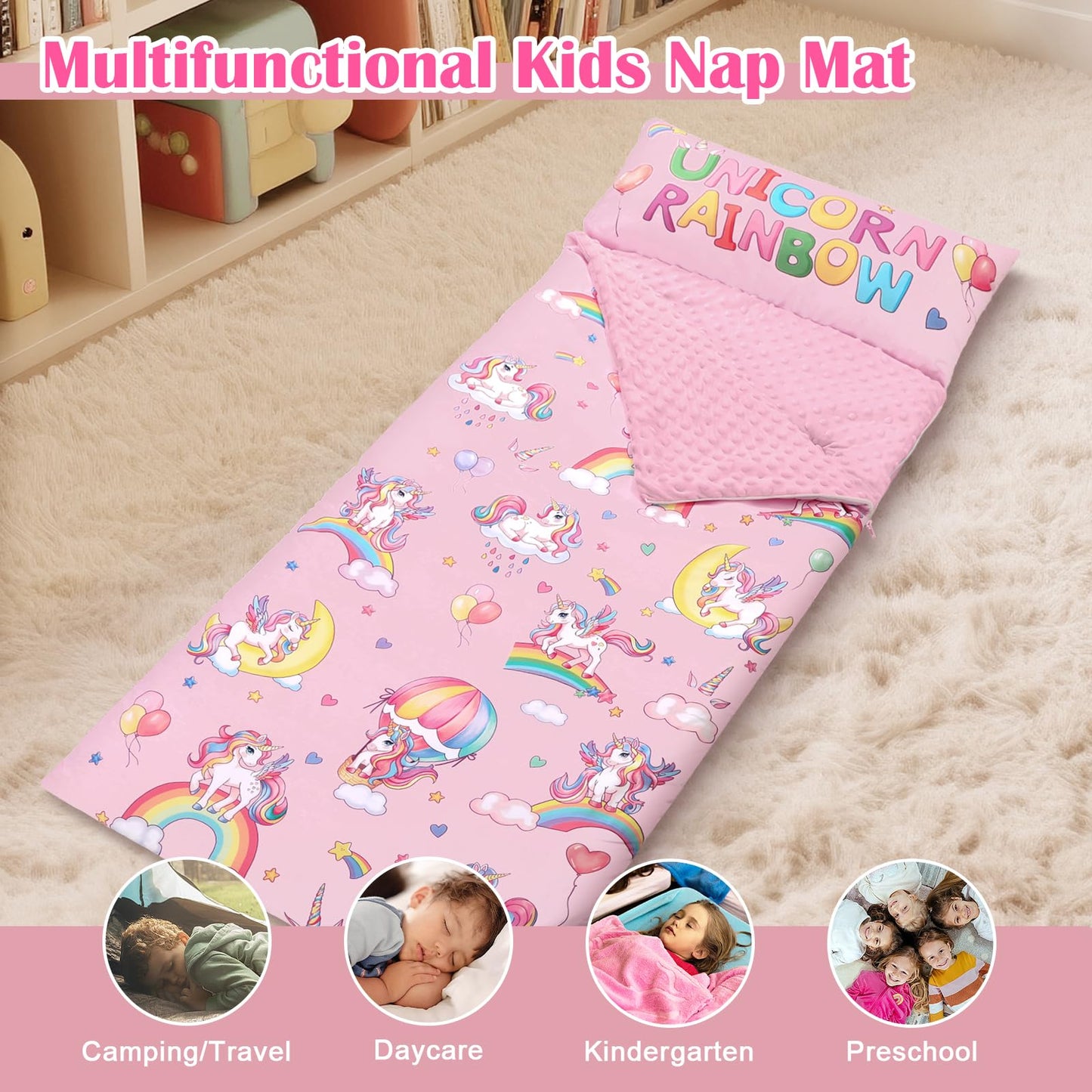 DecalSweet Kids Sleeping Bag Nap Mat with Removable Pillow – 59×24 in, Double Zip, Easy Clean