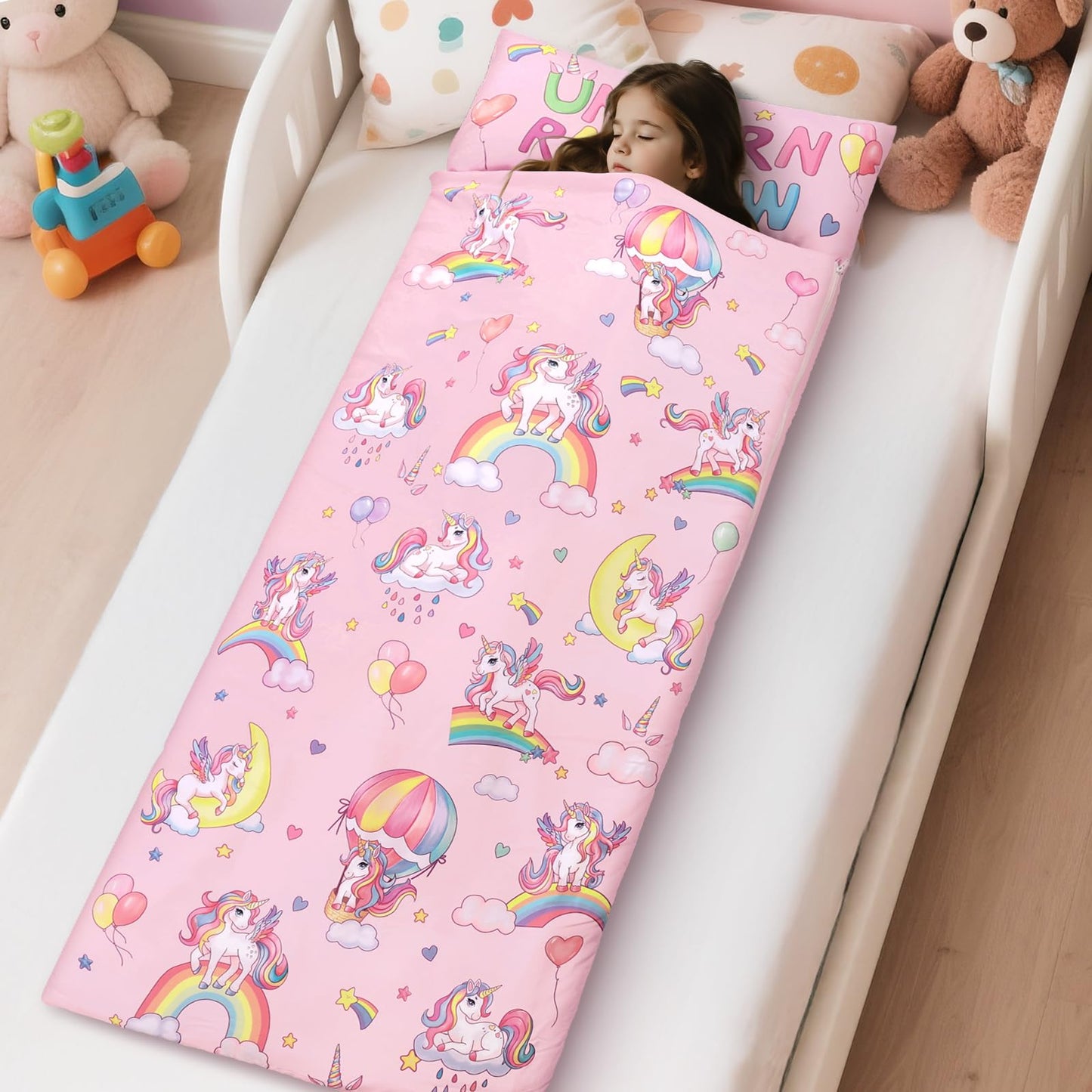 DecalSweet Kids Sleeping Bag Nap Mat with Removable Pillow – 59×24 in, Double Zip, Easy Clean