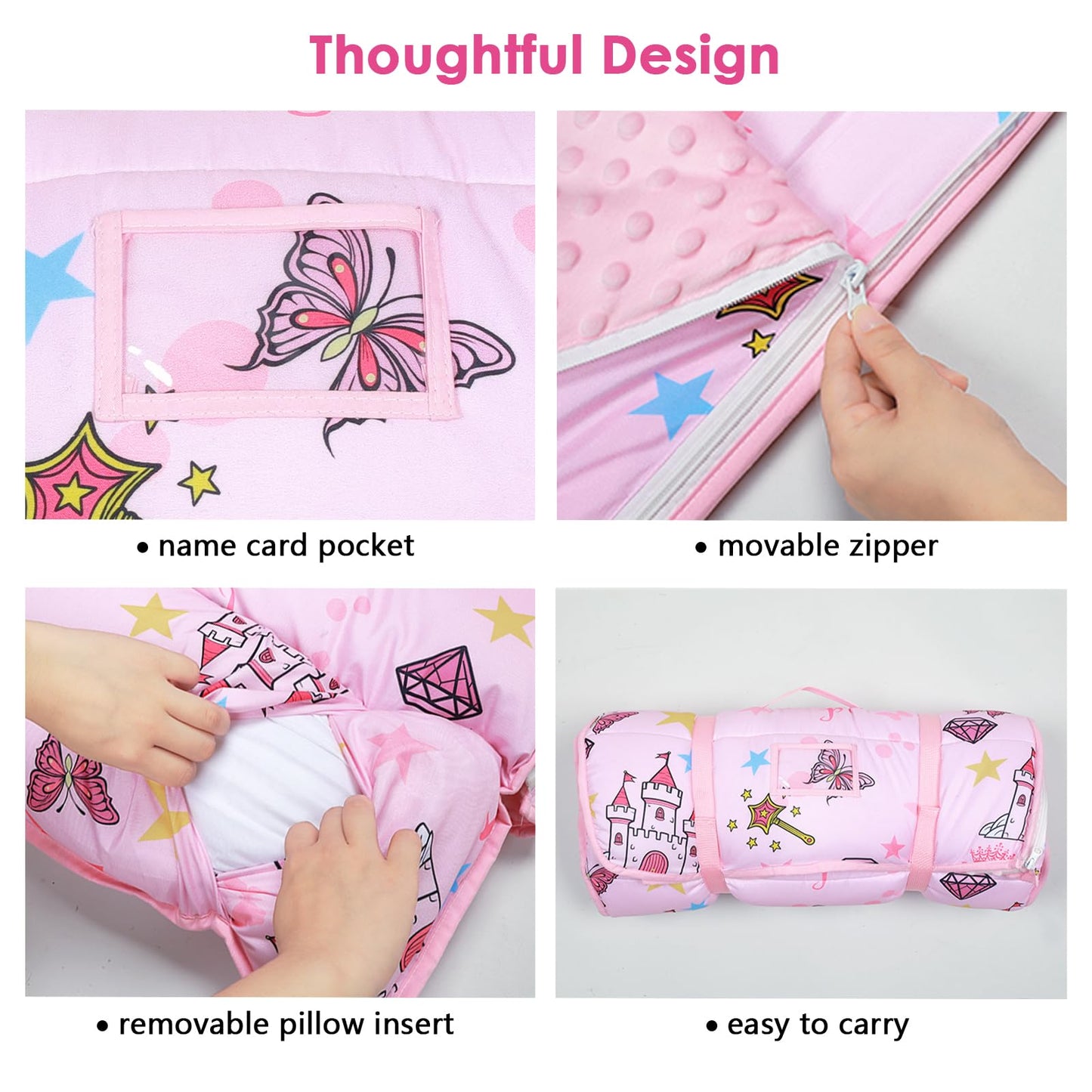 DecalSweet Kids Sleeping Bag Nap Mat – Extra Thick 59x24, 2-in-1 with Removable Pillow & Blanket