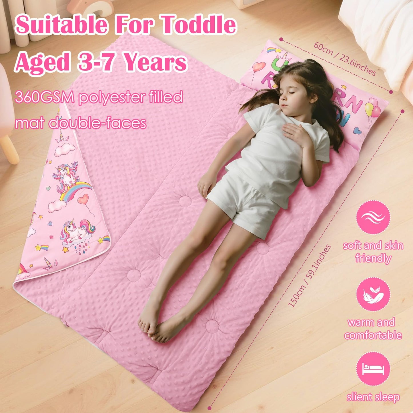 DecalSweet Kids Sleeping Bag Nap Mat with Removable Pillow – 59×24 in, Double Zip, Easy Clean