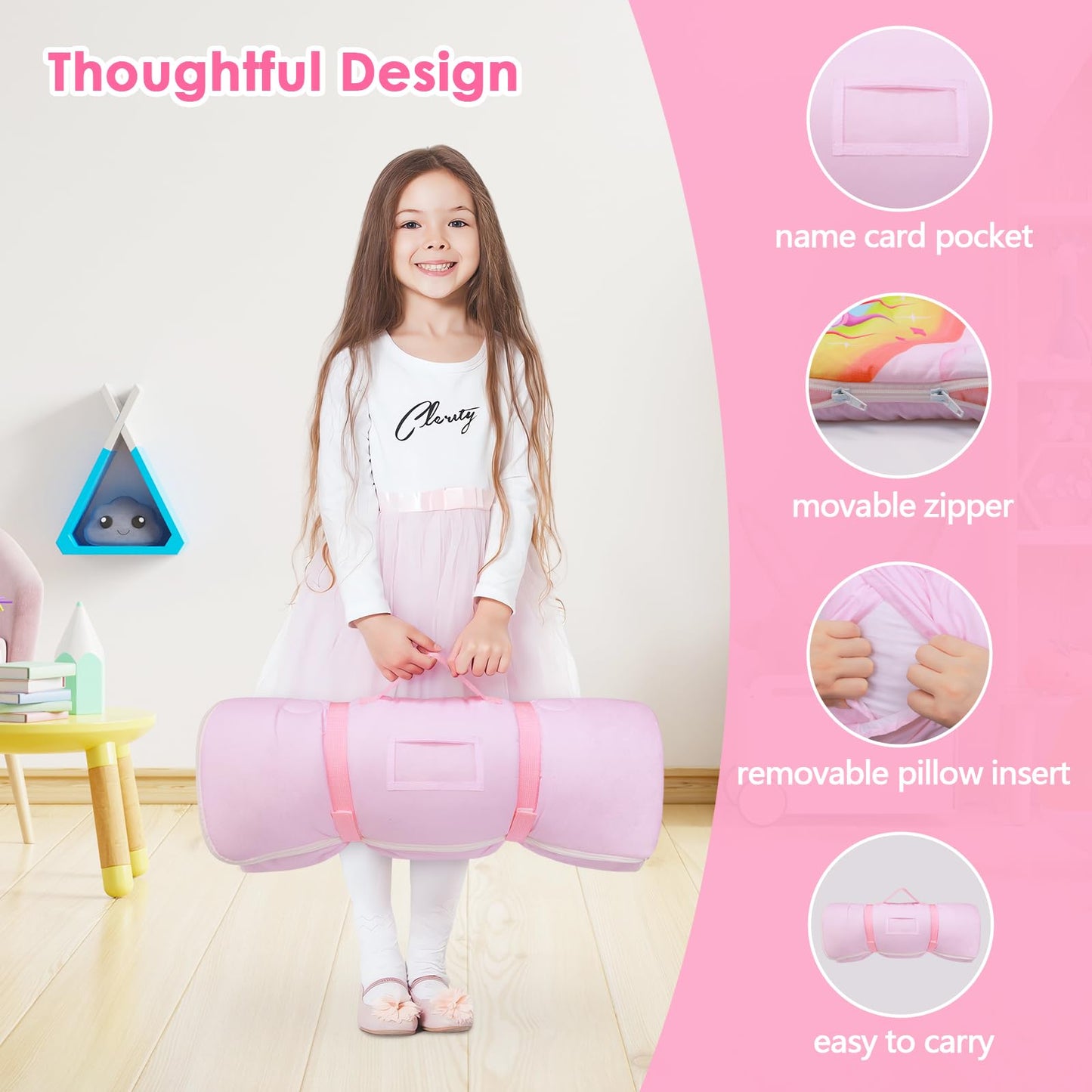 Decalsweet Kids Sleeping Bag Toddler Nap Mat with Removable Pillow – Large 59x24 Inch