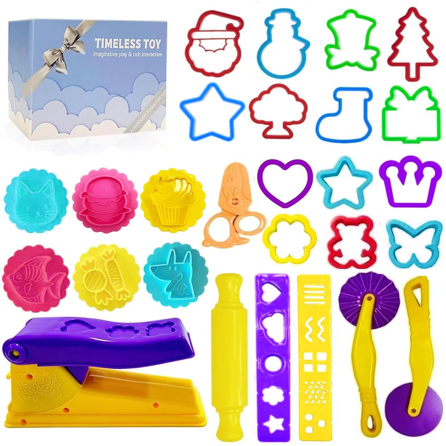 Decebaya Dough Tools for Kids – Animal Molds, Stamps, Extruder, Rolling Pin & Storage Box | Safe, Creative Playset for Ages 3–8