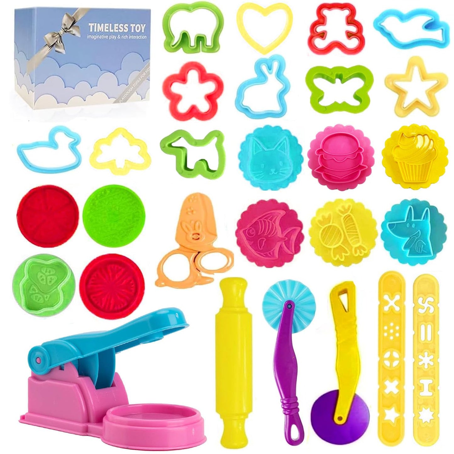 Decebaya Dough Tools Play Set for Kids – Stamps, Cutters, Roller, Molds & Storage Box