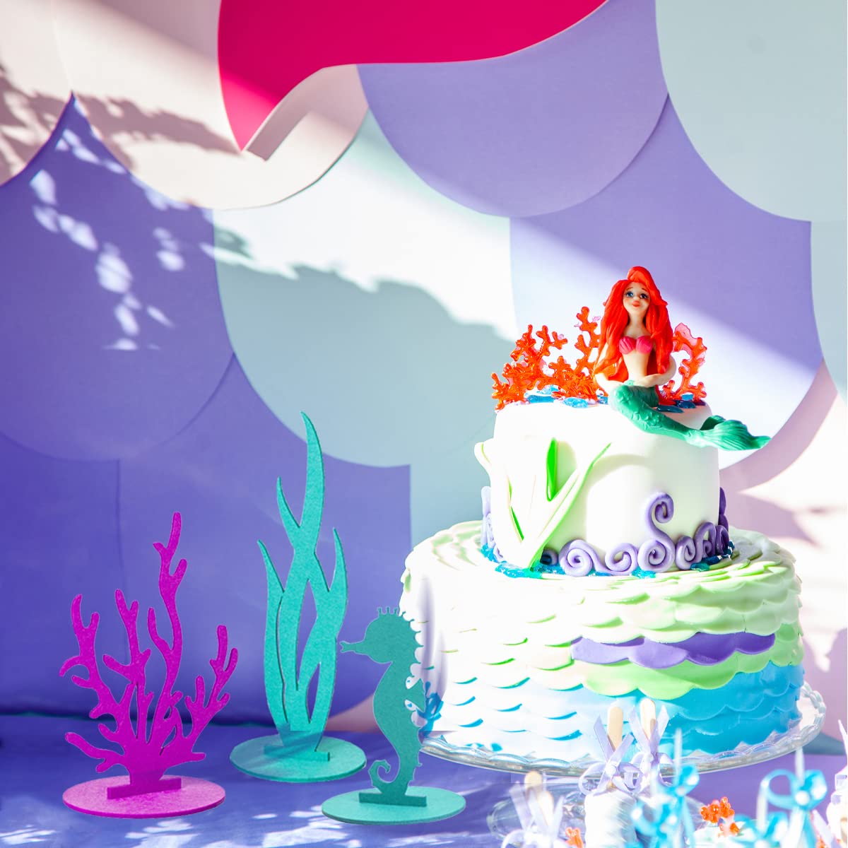 DECHISY 24 Pcs Mermaid Birthday Decorations – Felt Table Centerpieces for Ocean Theme Parties