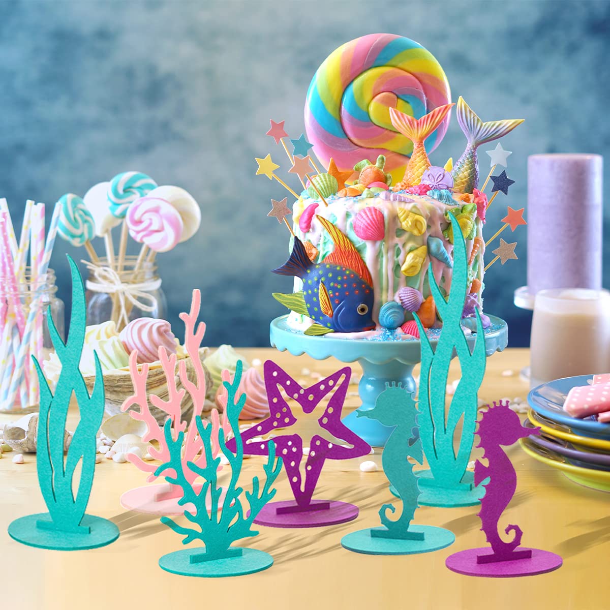 DECHISY 24 Pcs Mermaid Birthday Decorations – Felt Table Centerpieces for Ocean Theme Parties