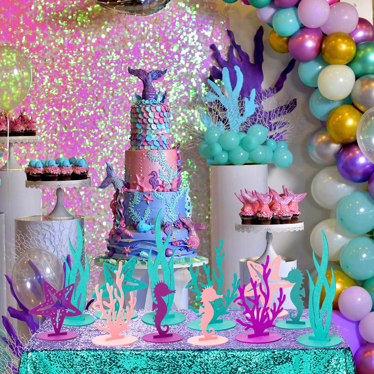 DECHISY 24 Pcs Mermaid Birthday Decorations – Felt Table Centerpieces for Ocean Theme Parties