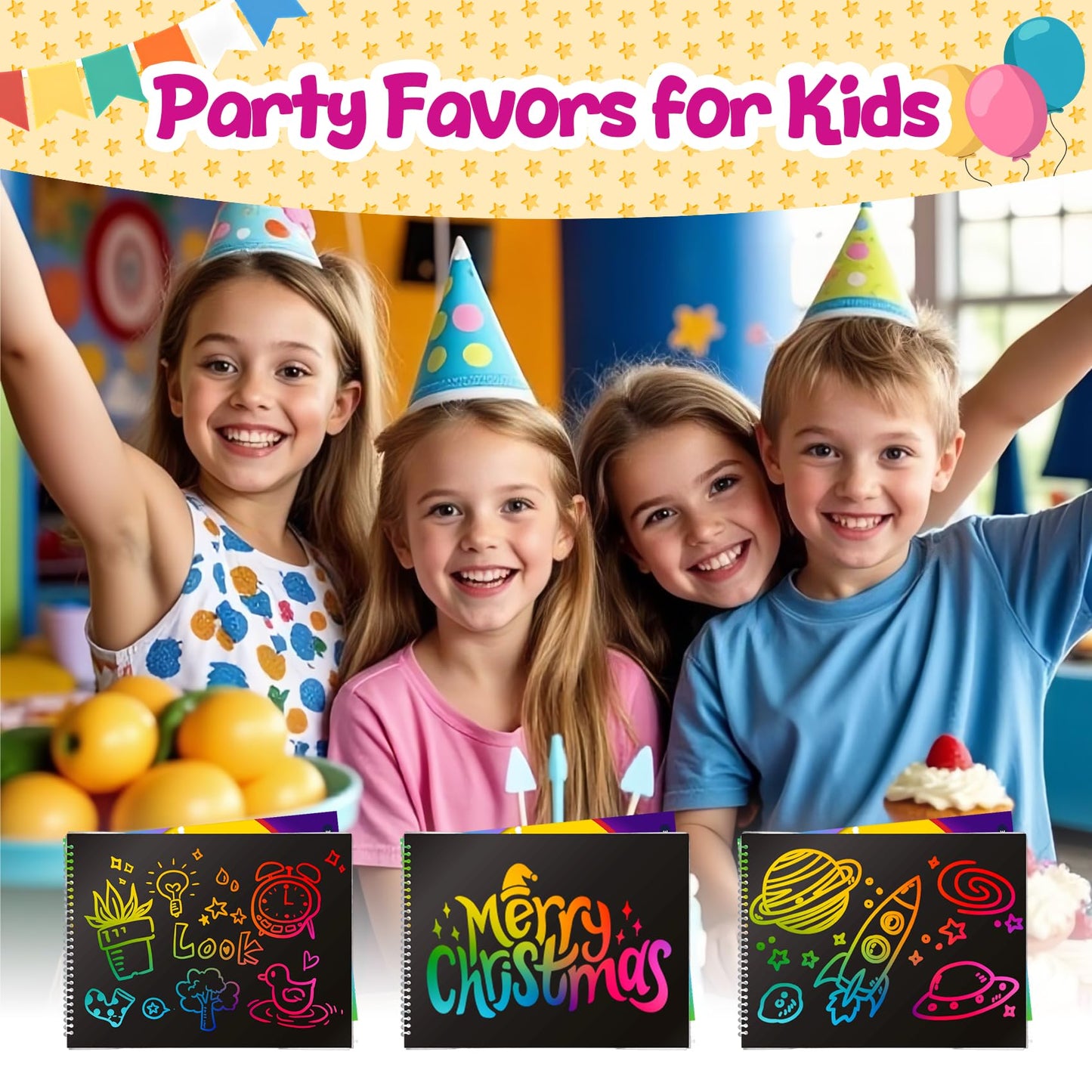 Decojoy Rainbow Scratch Art Notebooks – 24-Set Party Favors with Reusable Stencils