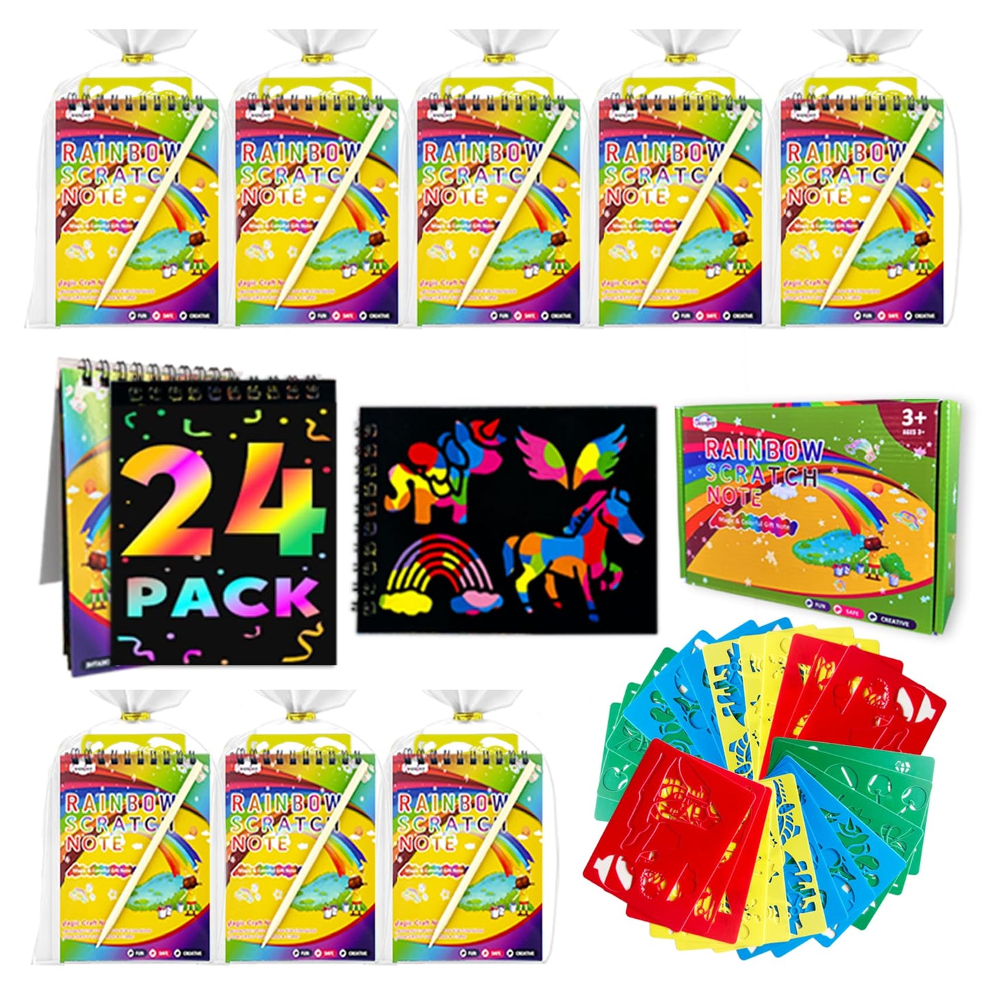 Decojoy Rainbow Scratch Art Notebooks – 24-Set Party Favors with Reusable Stencils