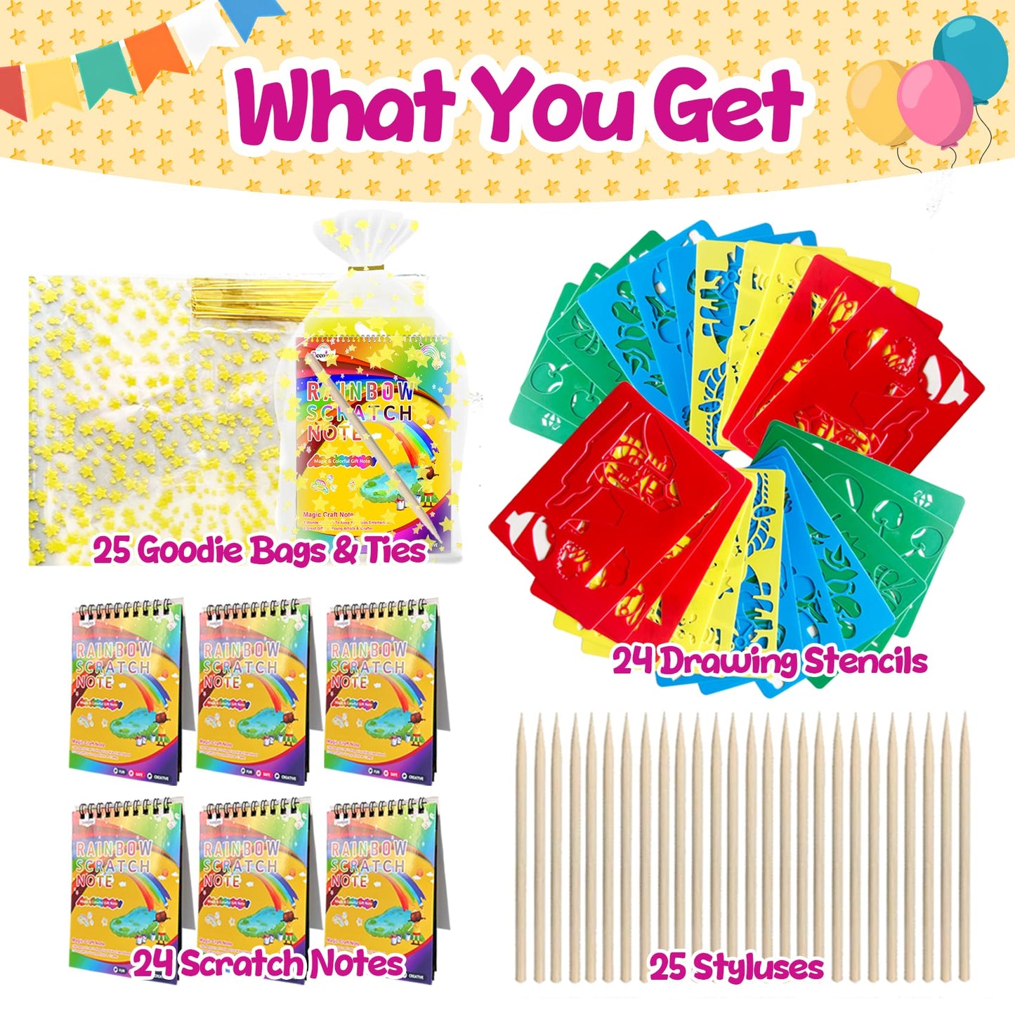 Decojoy Rainbow Scratch Art Notebooks – 24-Set Party Favors with Reusable Stencils