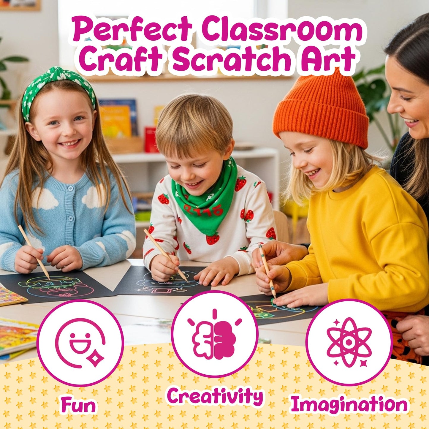 Decojoy Rainbow Scratch Art Notebooks – 24-Set Party Favors with Reusable Stencils