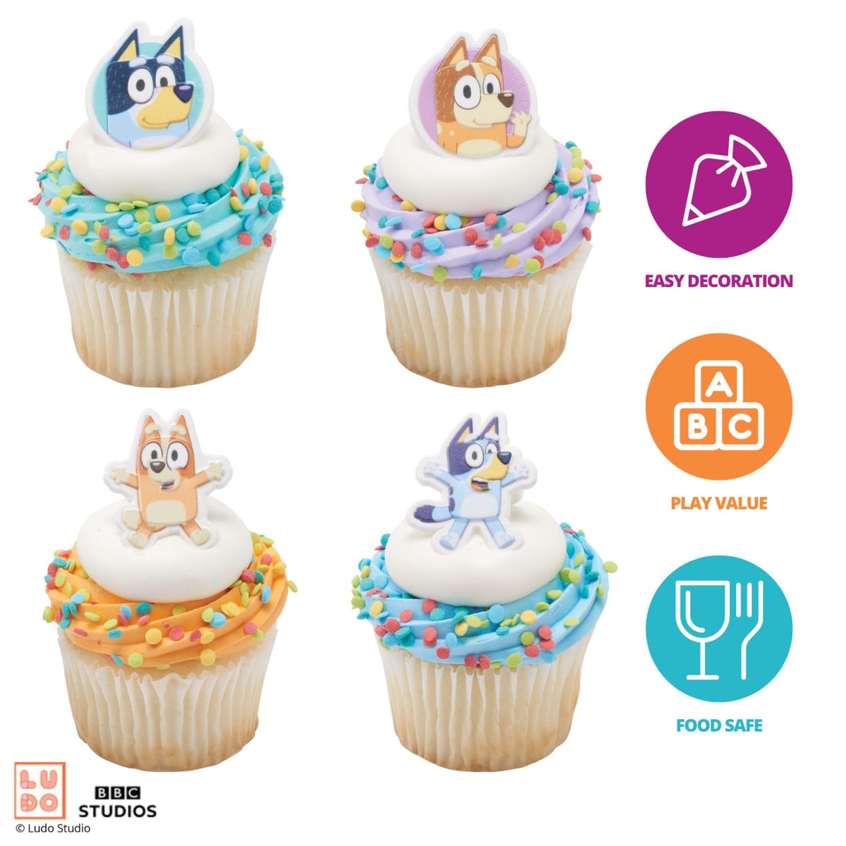 DecoPac Bluey So Much Fun Cupcake Rings – 24 Pack, 3D Food Safe Toppers