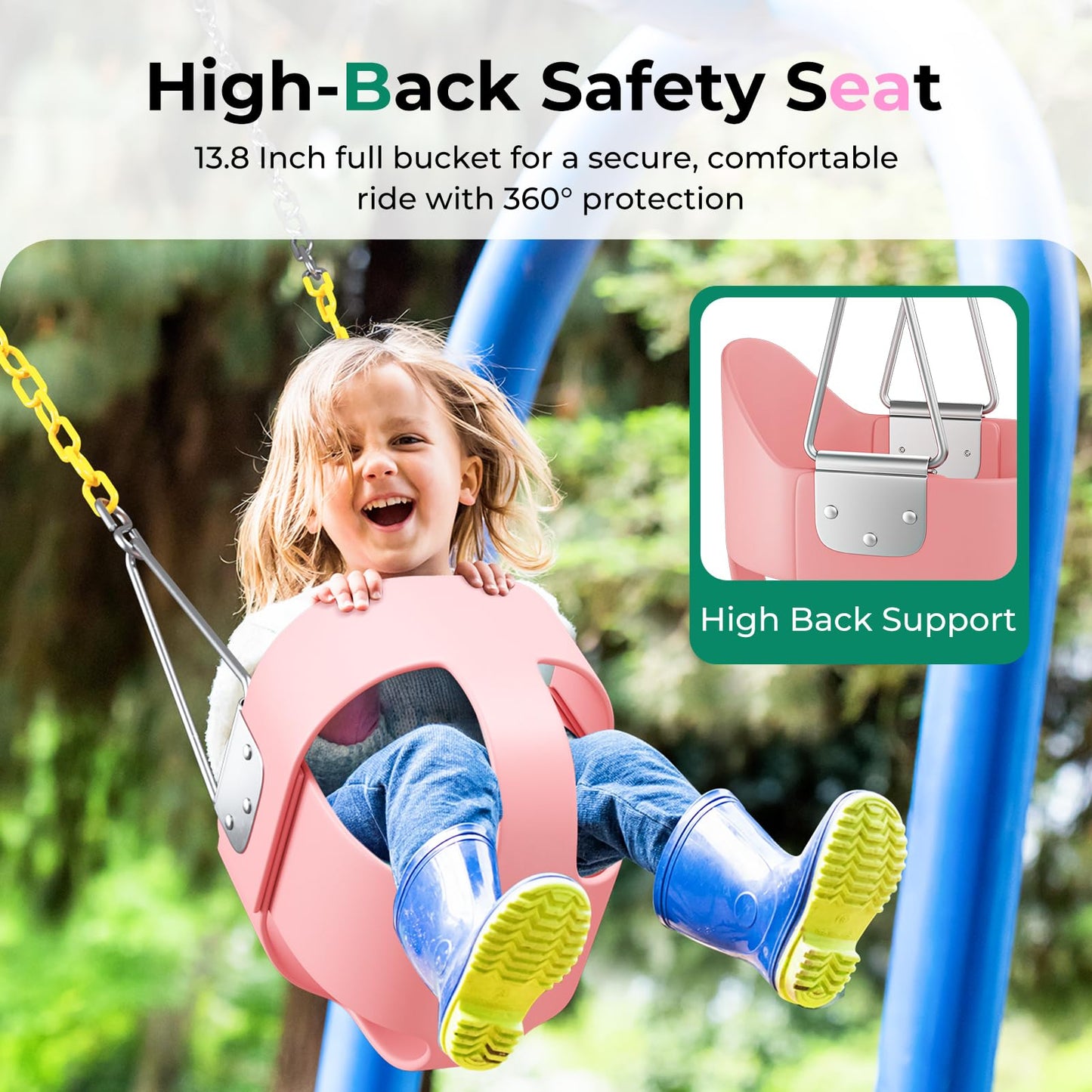 DECORLIFE Toddler Swing – High Back Full Bucket Seat, 330 lb Capacity, Outdoor Pink