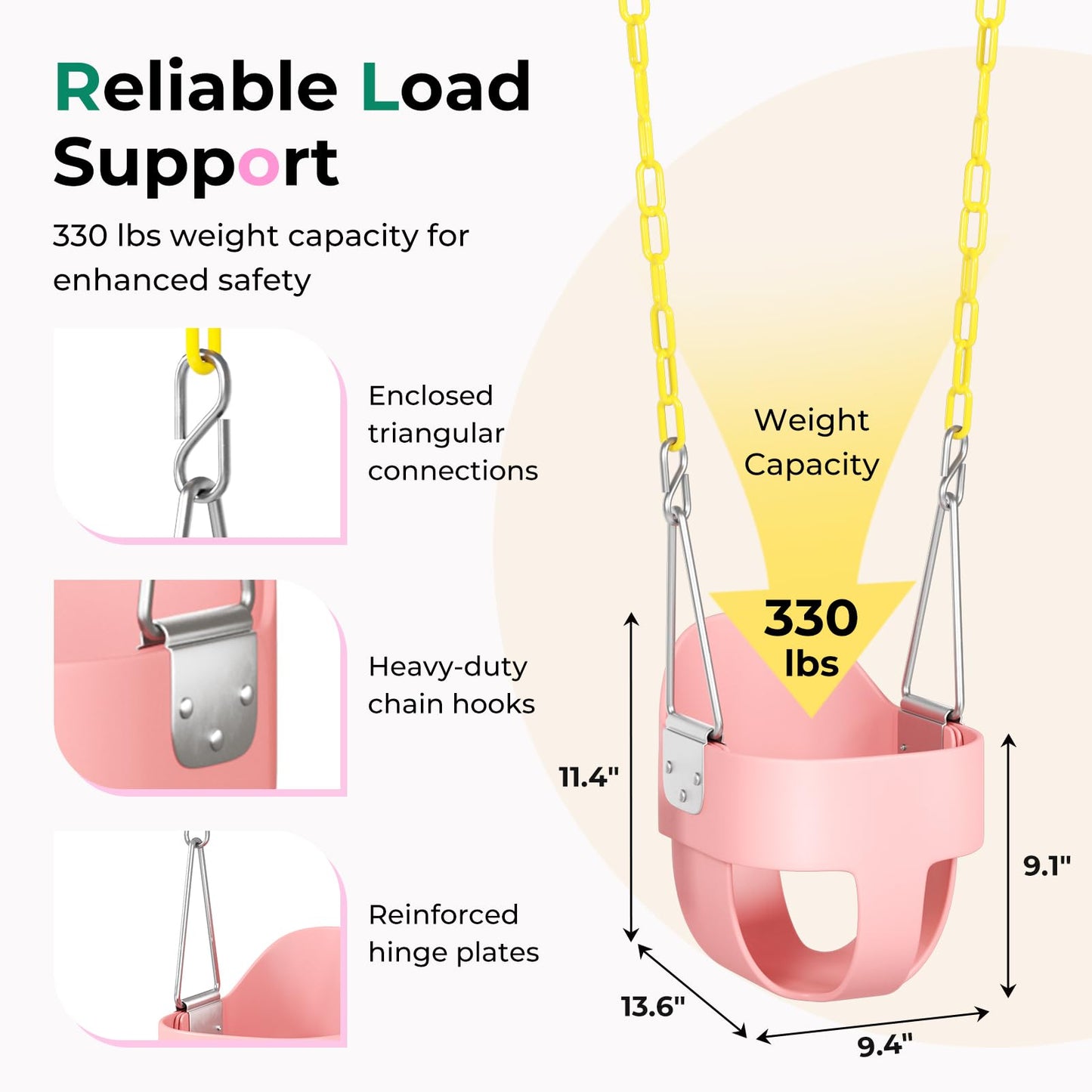 DECORLIFE Toddler Swing – High Back Full Bucket Seat, 330 lb Capacity, Outdoor Pink