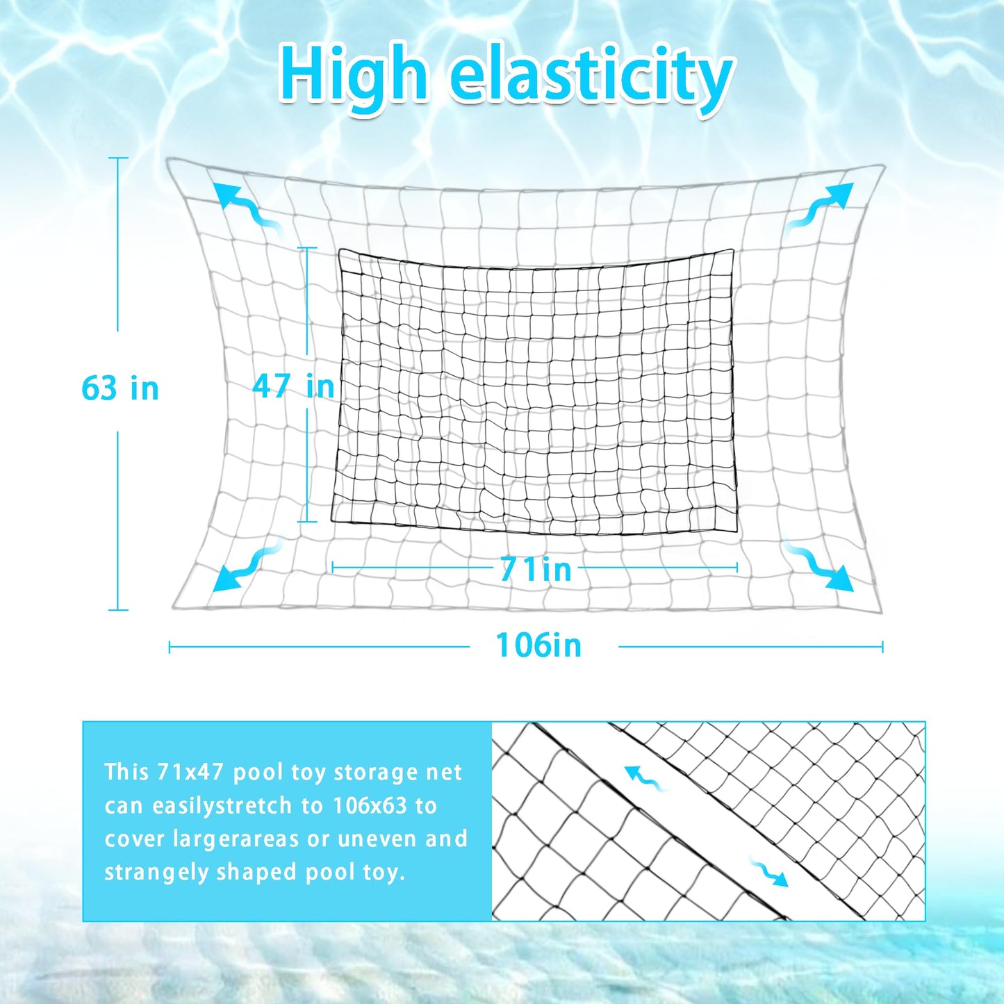 DECORSWITH Extra Large Pool Toy Storage Net — 71x47in with 20 Hooks