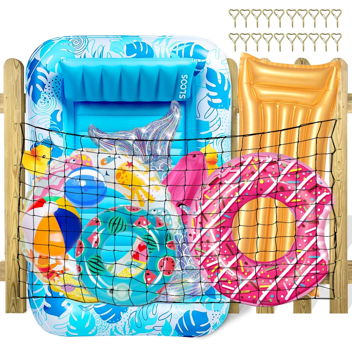DECORSWITH Extra Large Pool Toy Storage Net — 71x47in with 20 Hooks