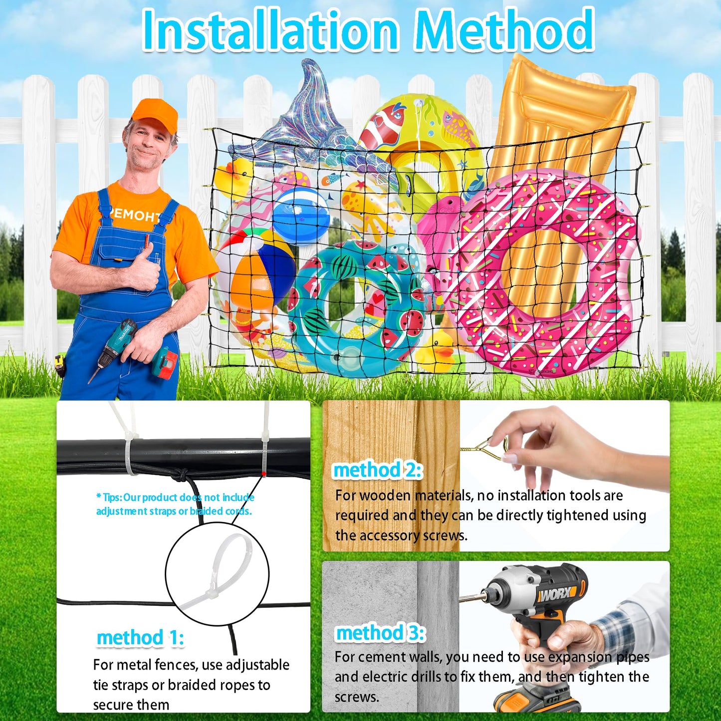 DECORSWITH Extra Large Pool Toy Storage Net — 71x47in with 20 Hooks
