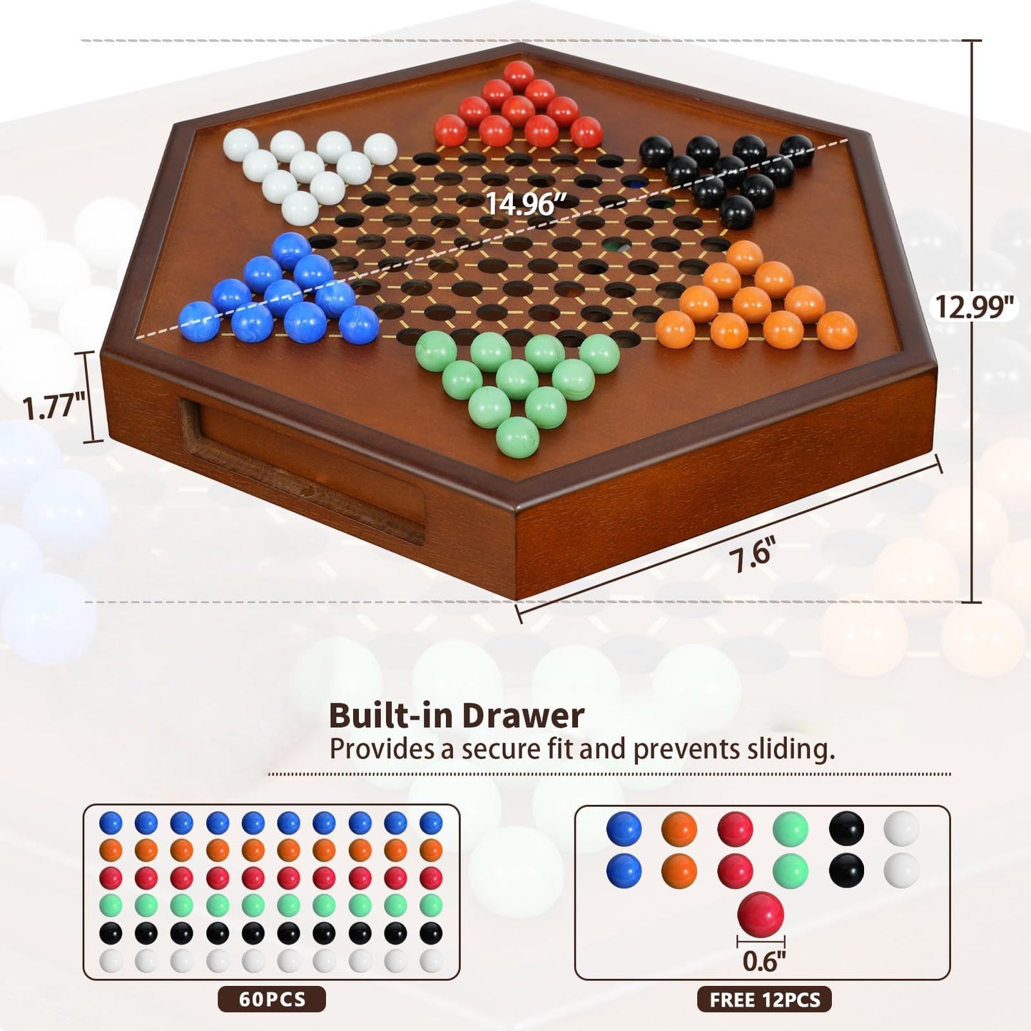 DecoWoodo 15-Inch Large Wooden Chinese Checkers Board with 16mm Glass Marbles (2-6 Players)