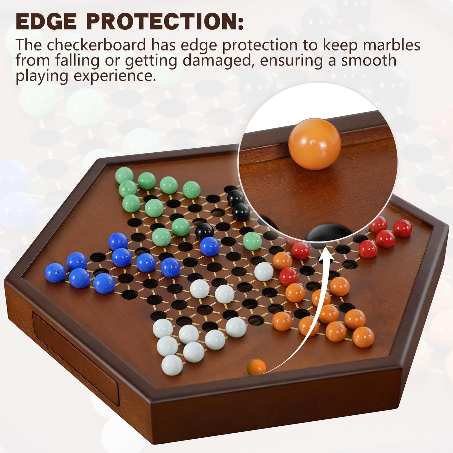 DecoWoodo 15-Inch Large Wooden Chinese Checkers Board with 16mm Glass Marbles (2-6 Players)
