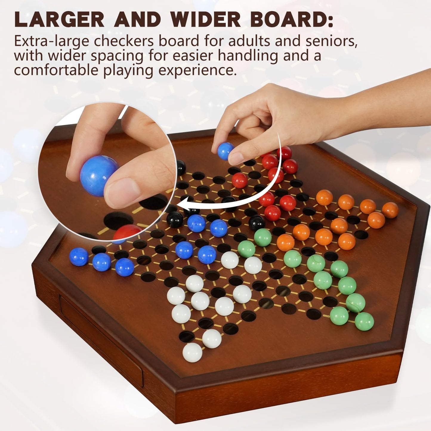 DecoWoodo 15-Inch Large Wooden Chinese Checkers Board with 16mm Glass Marbles (2-6 Players)