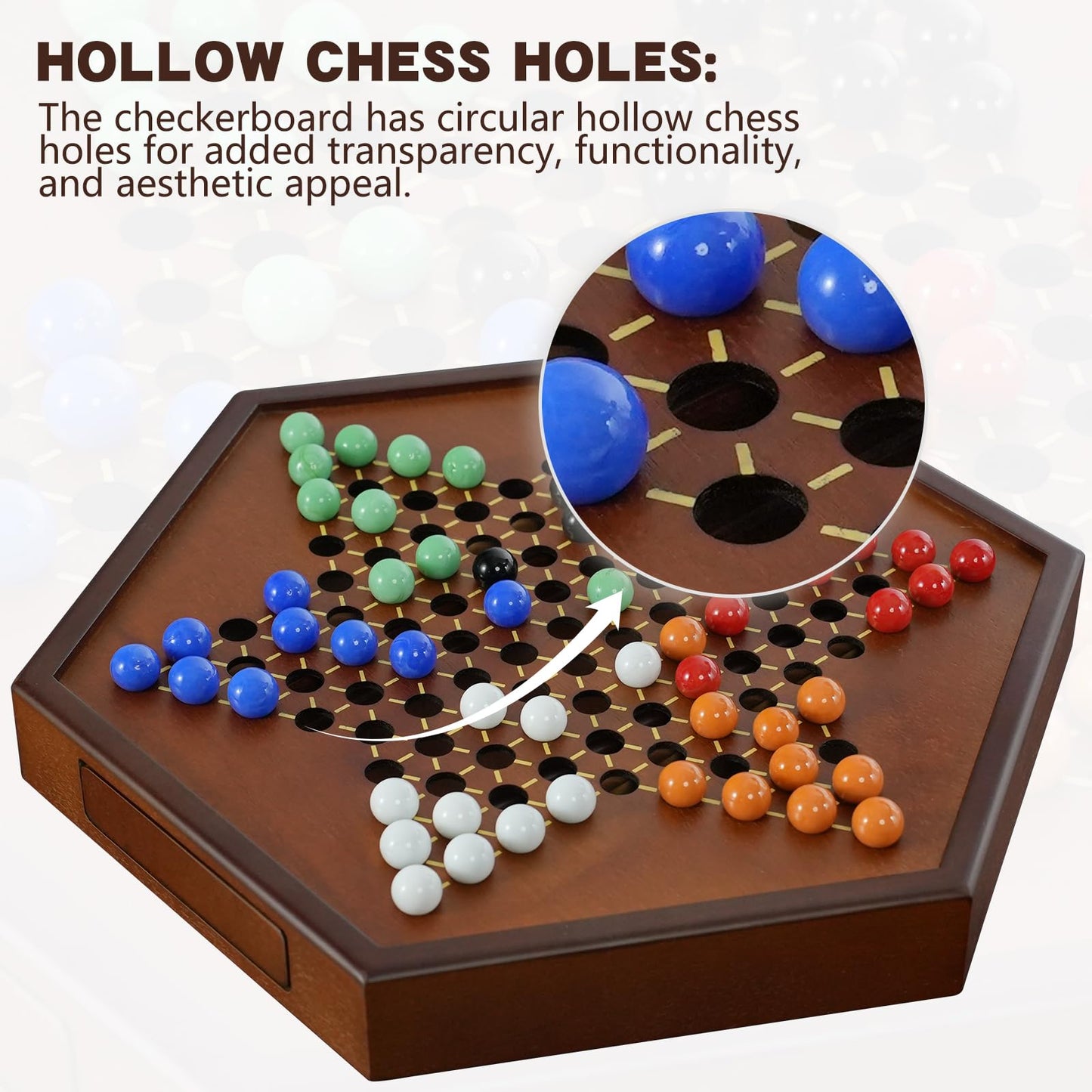 DecoWoodo 15-Inch Large Wooden Chinese Checkers Board with 16mm Glass Marbles (2-6 Players)