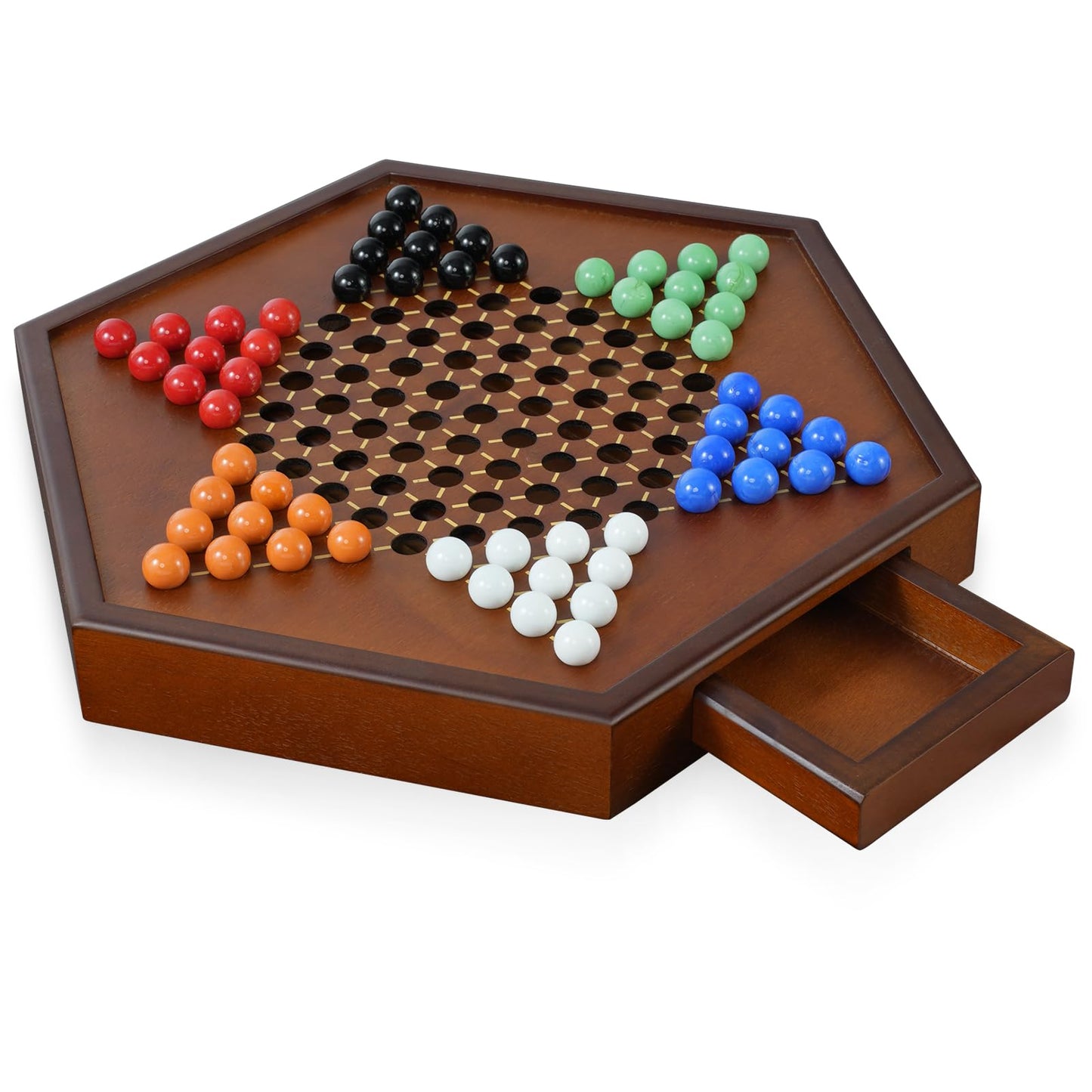 DecoWoodo 15-Inch Large Wooden Chinese Checkers Board with 16mm Glass Marbles (2-6 Players)