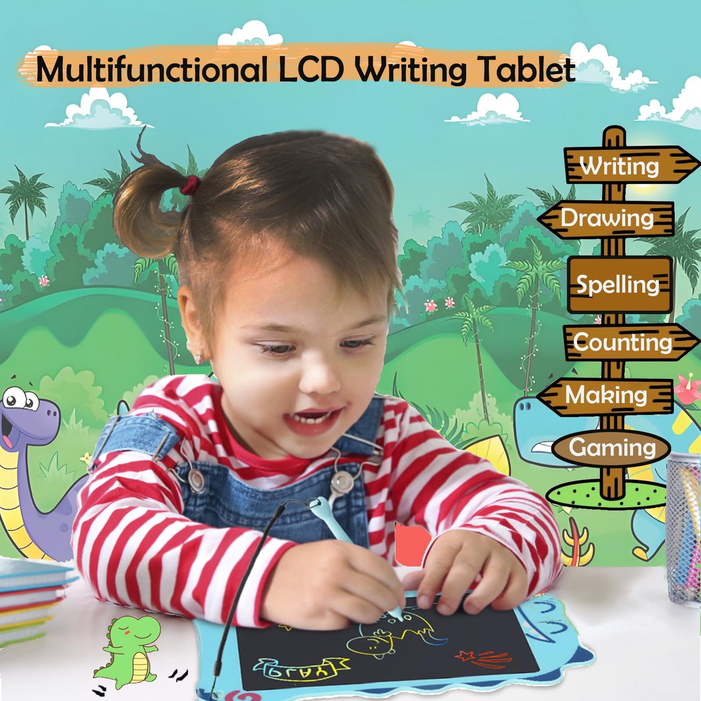 Decute LCD Writing Tablet Dinosaur Doodle Pad – 8.5in Colorful Educational Toy for Boys
