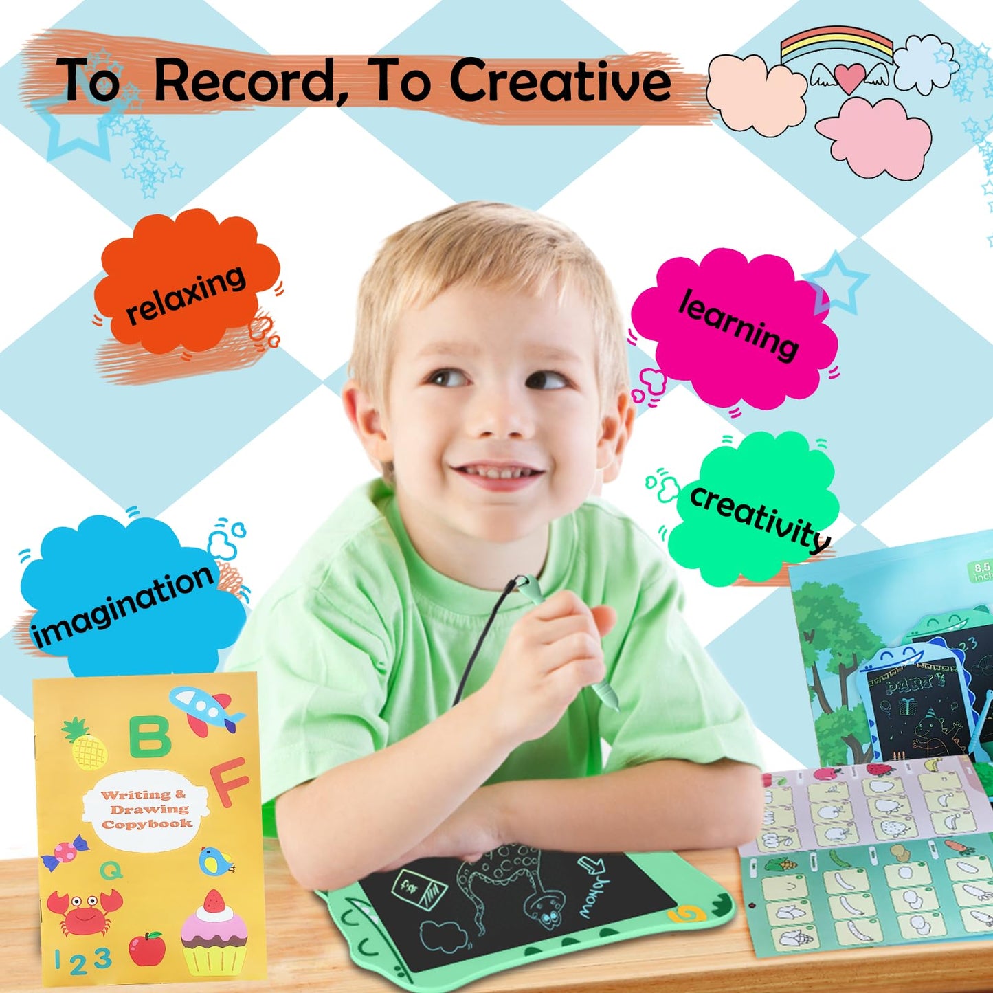 Decute LCD Doodle Board Dinosaur - 8.5-Inch Kids Writing Tablet, Colorful Drawing Pad, Educational Toy Gift (Green)