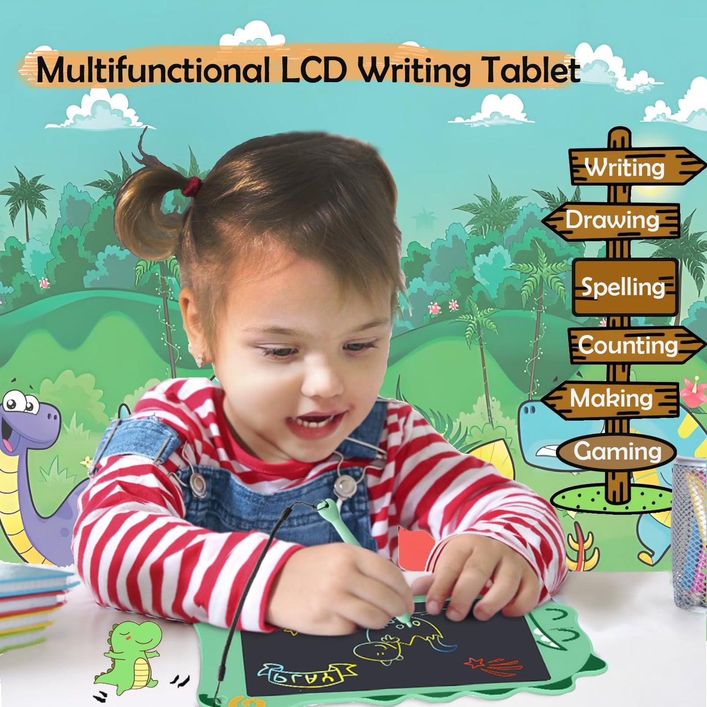 Decute LCD Doodle Board Dinosaur - 8.5-Inch Kids Writing Tablet, Colorful Drawing Pad, Educational Toy Gift (Green)