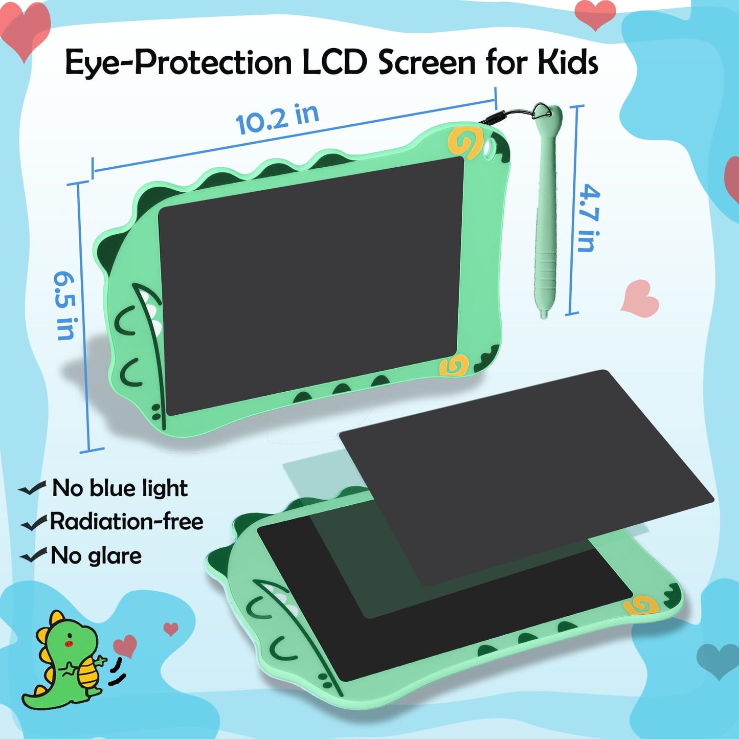 Decute LCD Doodle Board Dinosaur - 8.5-Inch Kids Writing Tablet, Colorful Drawing Pad, Educational Toy Gift (Green)