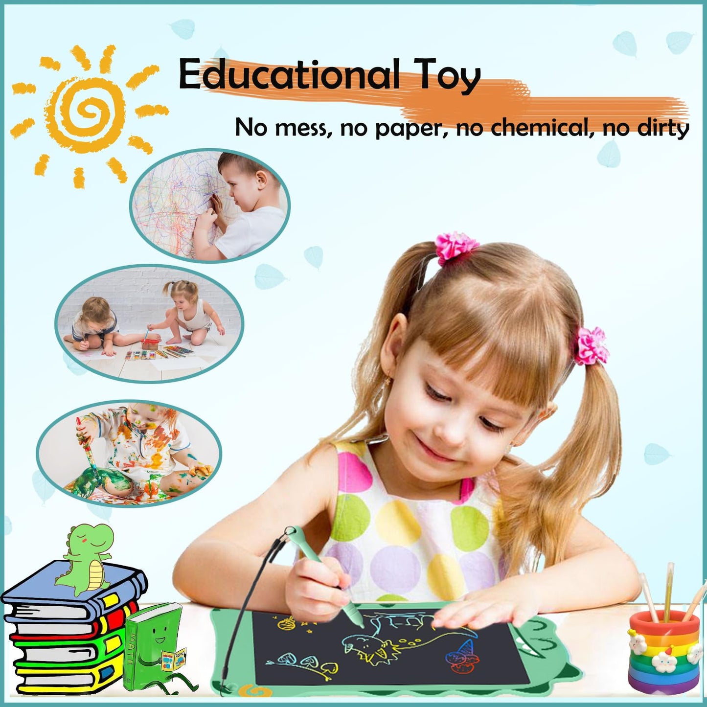 Decute LCD Doodle Board Dinosaur - 8.5-Inch Kids Writing Tablet, Colorful Drawing Pad, Educational Toy Gift (Green)